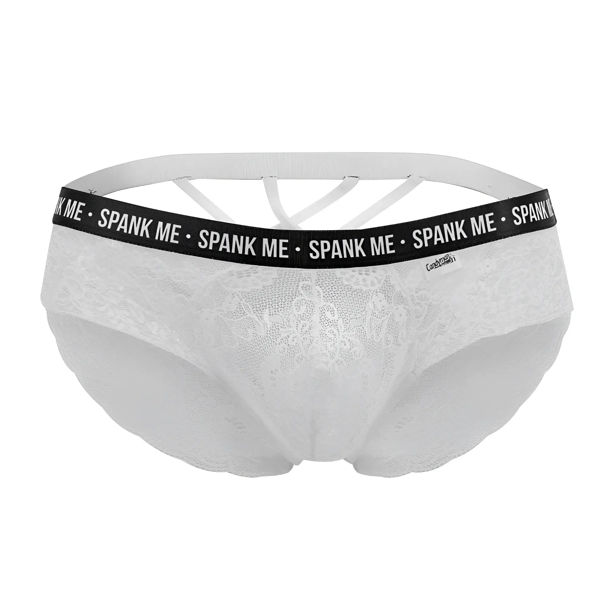 White lace briefs with black elastic waistband featuring spank me text candy man 99615x spank me lace briefs white