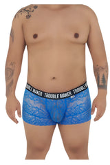 CandyMan 99616X trouble maker lace trunks in dark blue feature blue lace boxer briefs with a black waistband