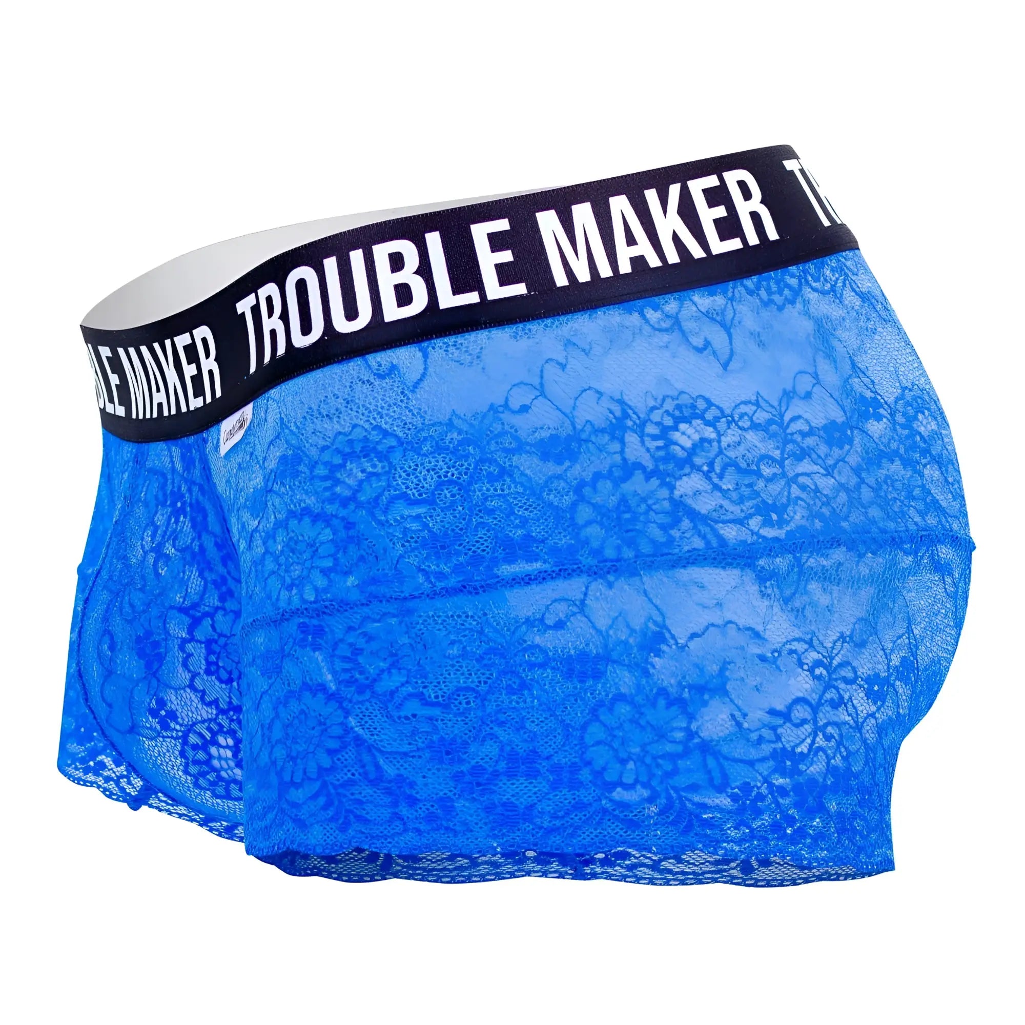 Blue lace boxer briefs with black waistband and white trouble maker lettering candyMan 99616X dark blue lace trunks