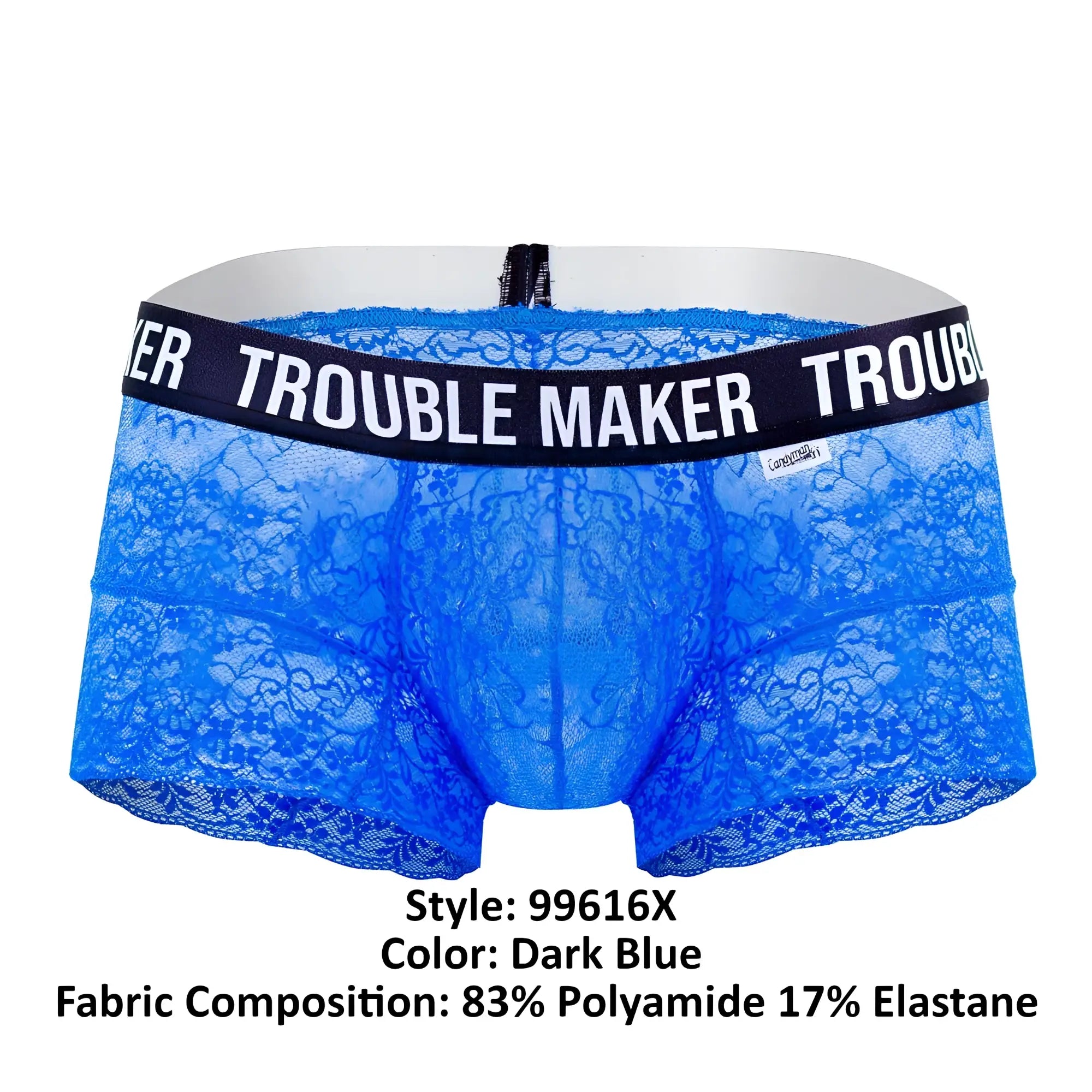 CandyMan 99616X trouble maker lace trunks in dark blue with black waistband and white lettering men’s underwear