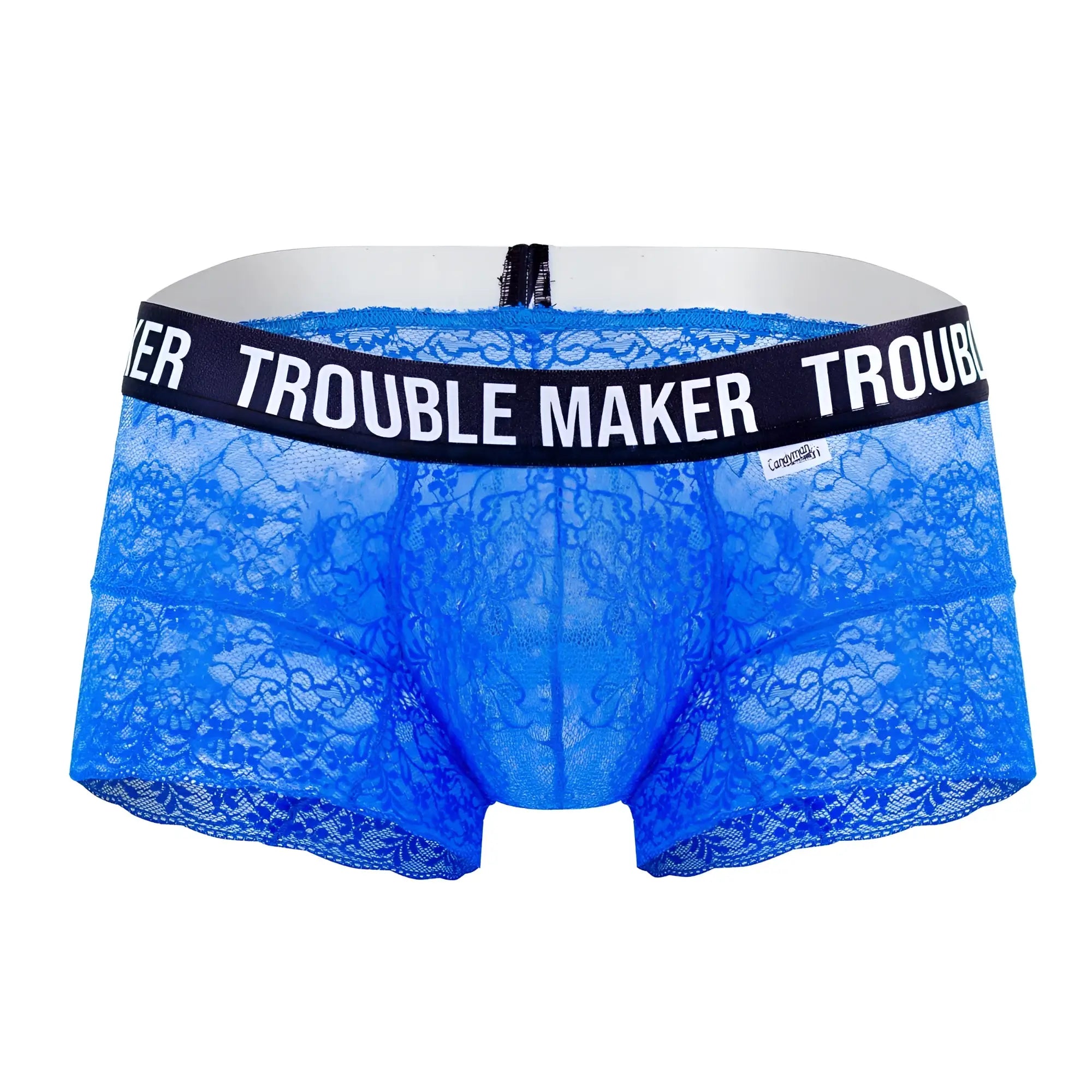 CandyMan 99616X trouble maker dark blue lace men’s trunks with a black waistband and white text