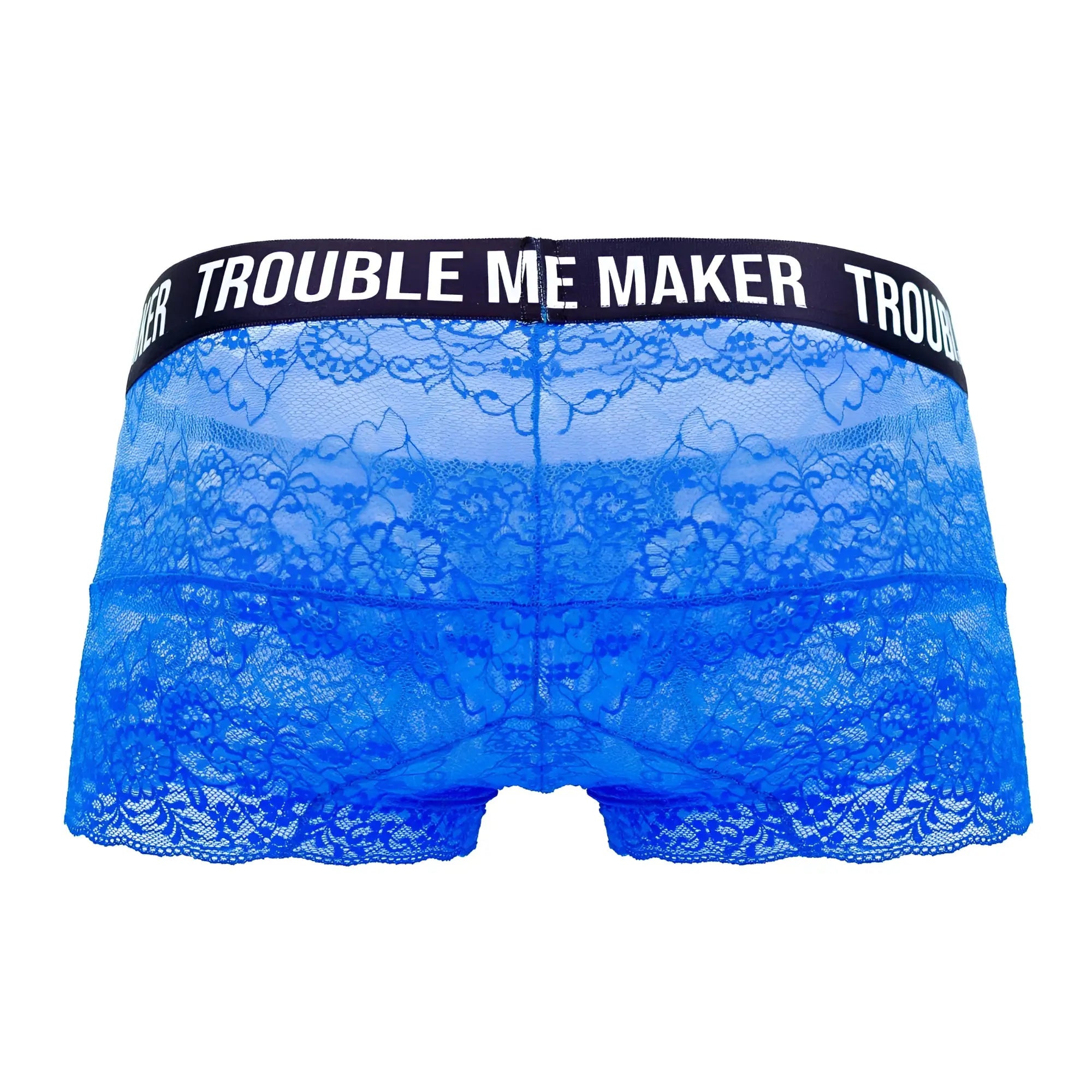 Dark blue candyMan 99616X lace trunks with a black waistband featuring trouble me maker text on the front