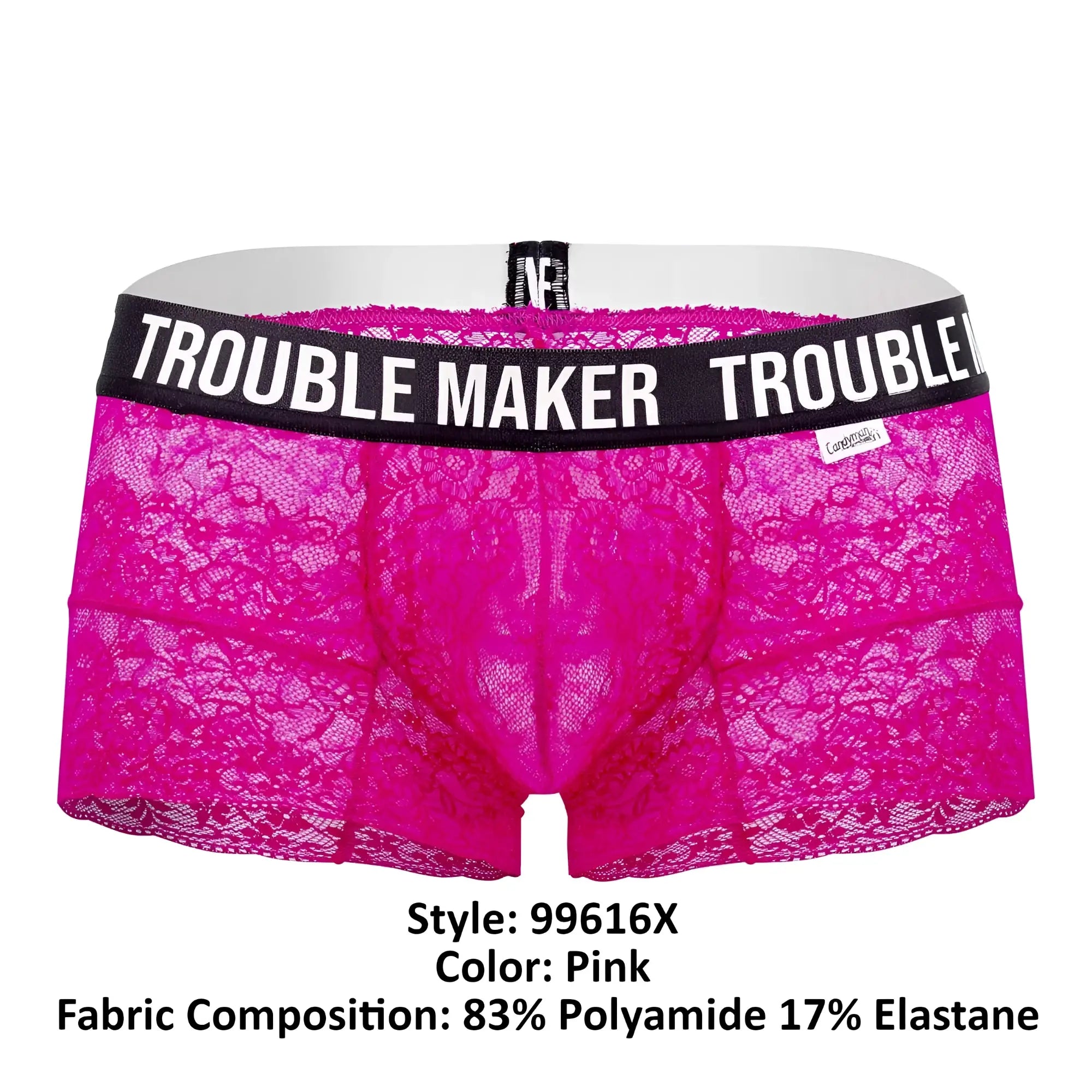 CandyMan 99616X trouble maker lace trunks in bright pink with black waistband and white logo lettering