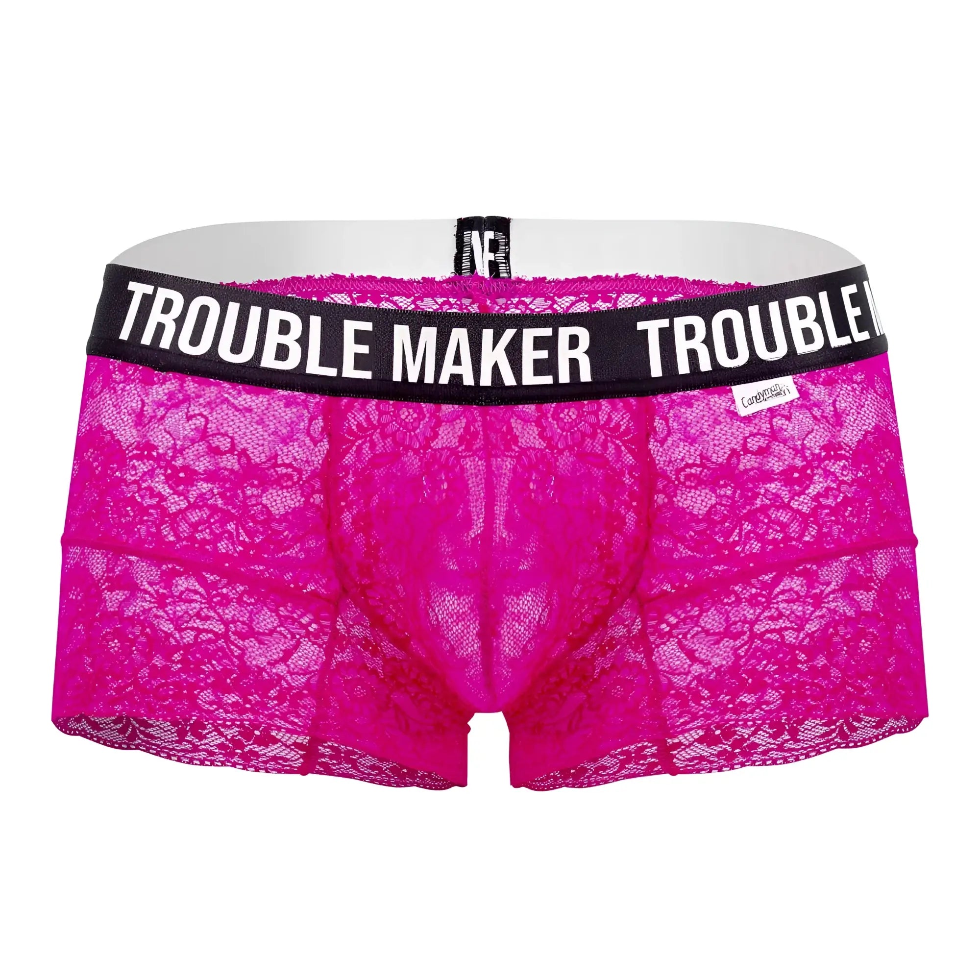 Bright pink lace men’s underwear trunks with black waistband featuring trouble maker text by CandyMan 99616X