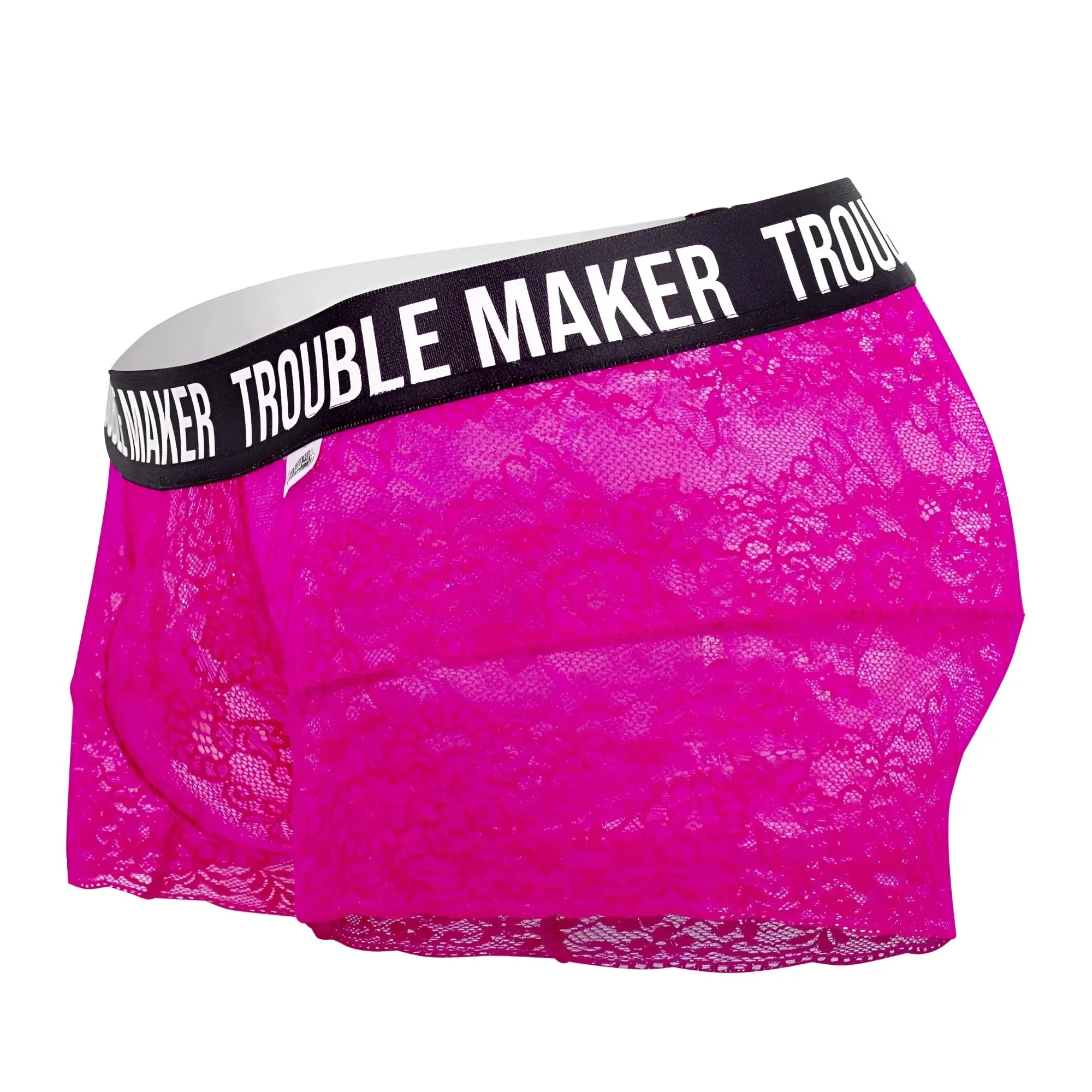 Fuchsi lace boxer briefs with black waistband featuring white trouble maker lettering candyMan 99616X trunks pink