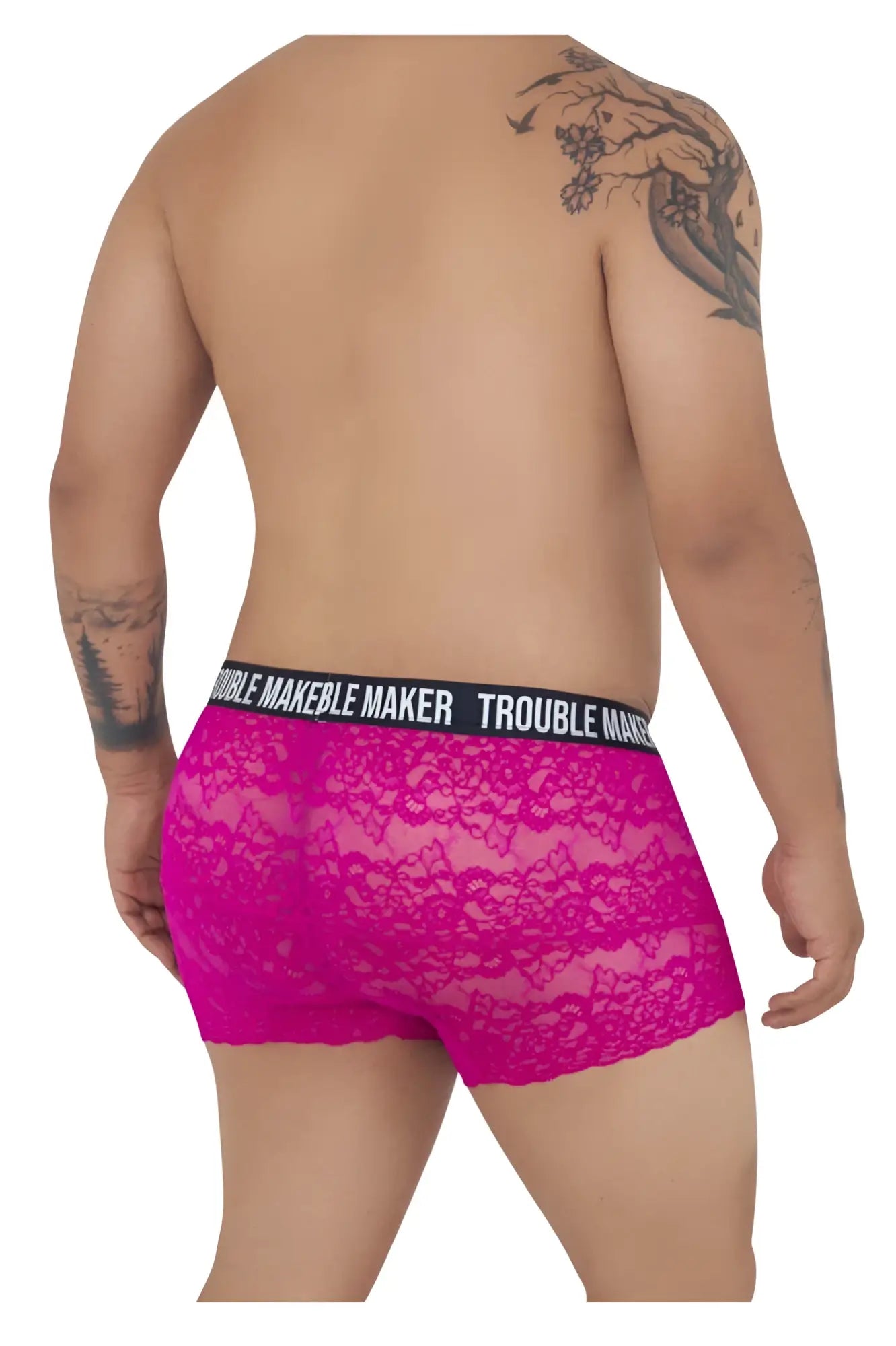 Fuchsia lace boxer briefs with a black Trouble Maker waistband from Candyman 99616X in pink color