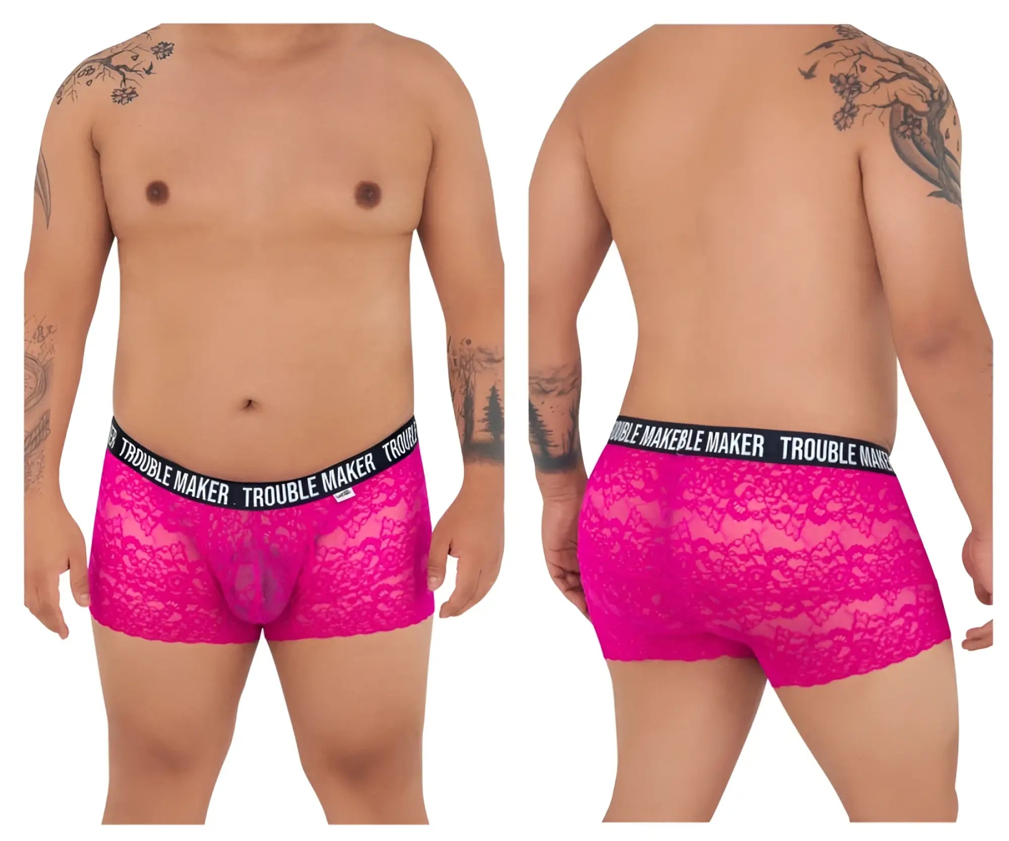 Fuchsia lace CandyMan 99616X Trouble Maker trunks with black elastic waistband and white trouble maker logo