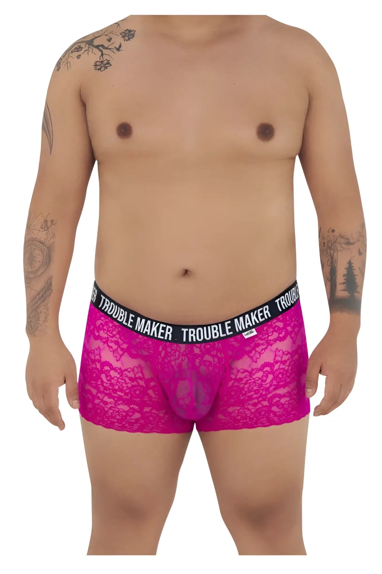 Fuchsia lace boxer briefs candyMan 99616X with black elastic waistband and trouble maker brand name in white lettering
