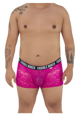 Fuchsia lace boxer briefs candyMan 99616X with black elastic waistband and trouble maker brand name in white lettering