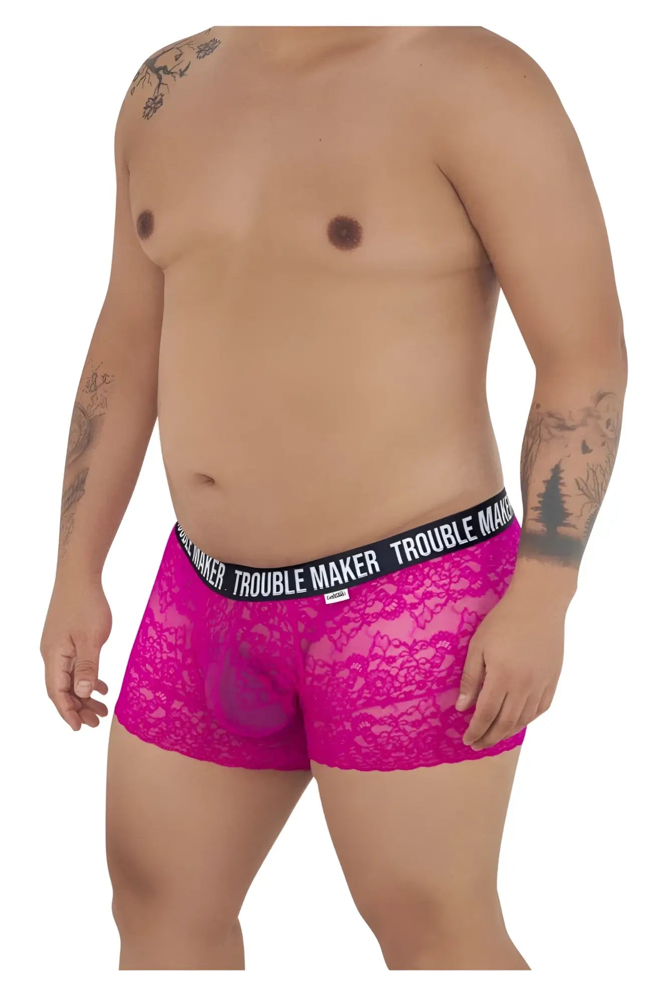 Fuchsia lace CandyMan 99616X Trouble Maker trunks with black elastic waistband and white brand lettering