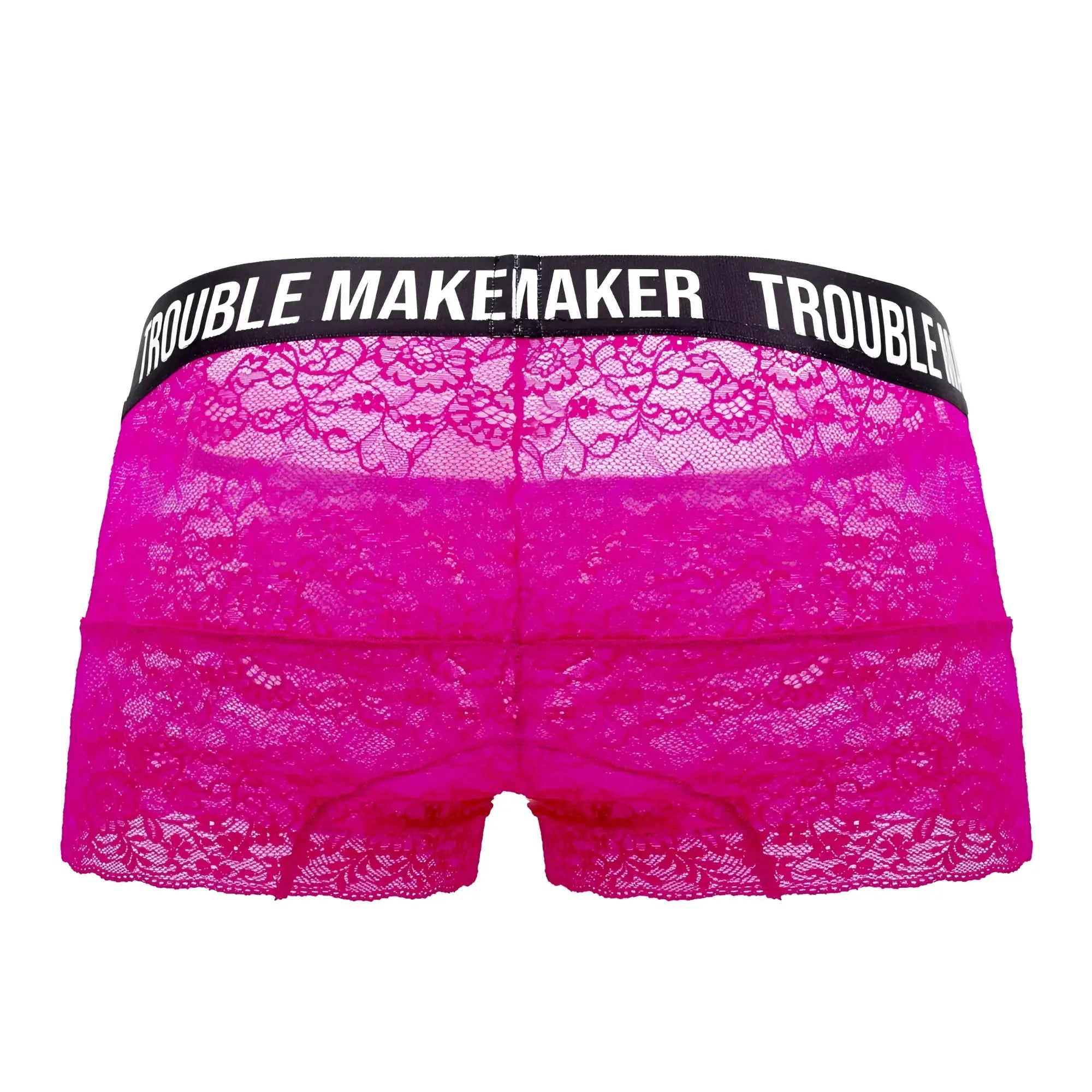 Vibrant fuchsia lace briefs with black waistband and trouble maker logo by candyman 99616x in pink