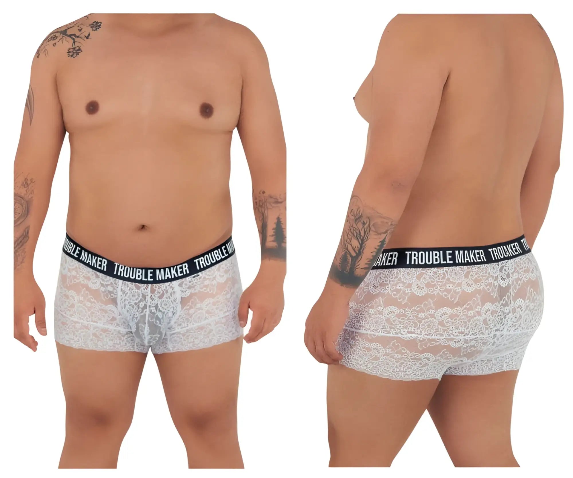 Whit lace boxer briefs with black elastic waistband featuring trouble maker brand name by candyman 99616x