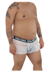 Whit lace boxer briefs with black elastic waistband featuring trouble maker brand name by candyman 99616x