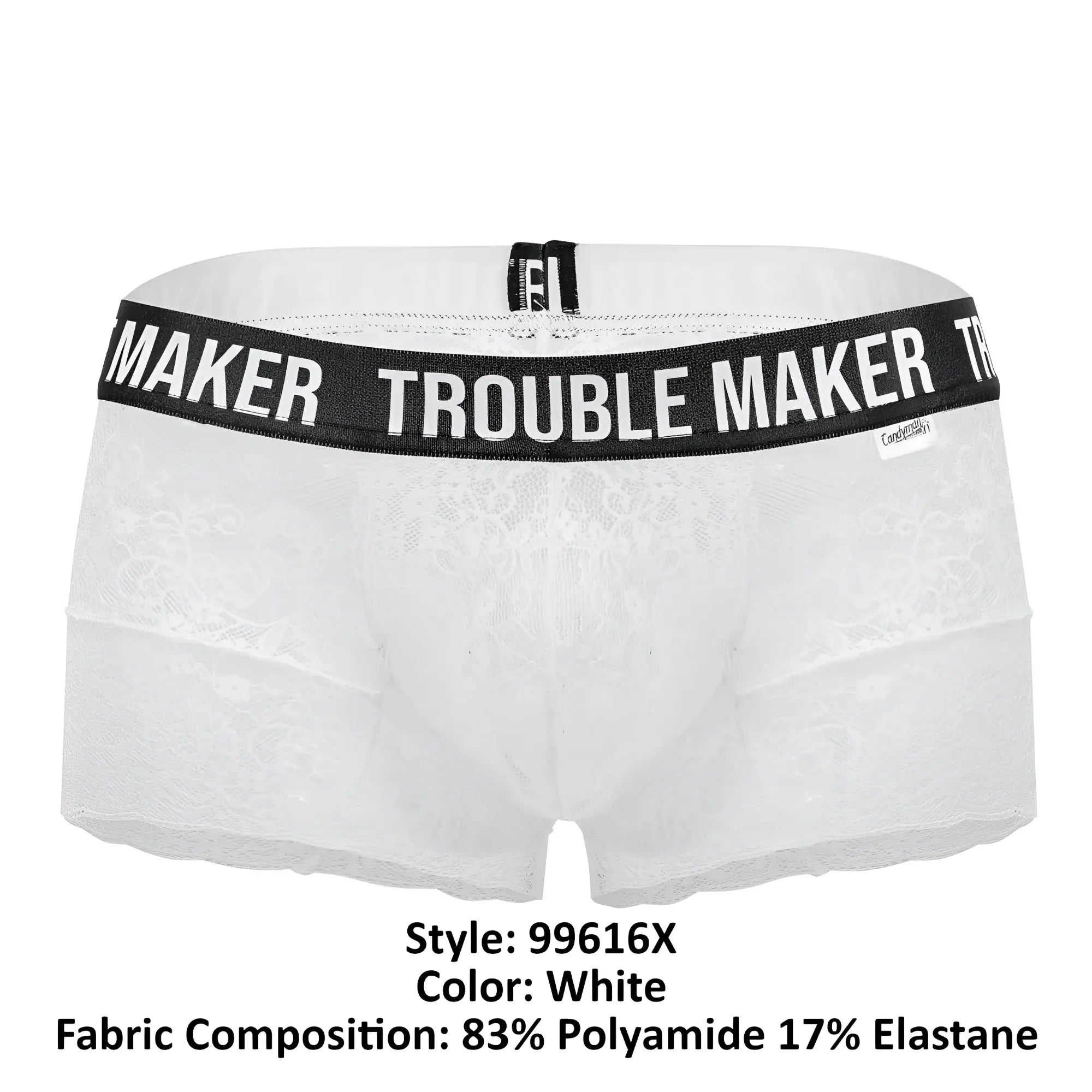 White lace boxer briefs with black elastic waistband featuring maker trouble maker text candyMan 99616X trouble maker trunks