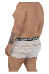 Whitem lace boxer briefs with a black elastic waistband featuring trouble maker brand name candy man 99616x lace trunks