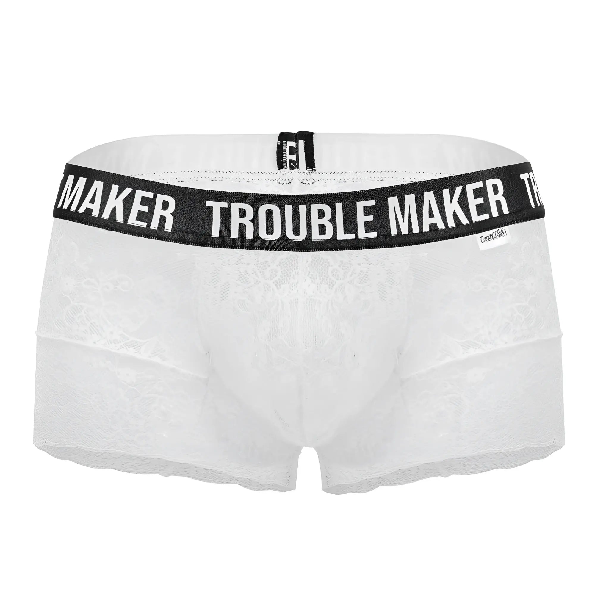 White lace boxer briefs with a black waistband featuring trouble maker text candyMan 99616X lace trunks white