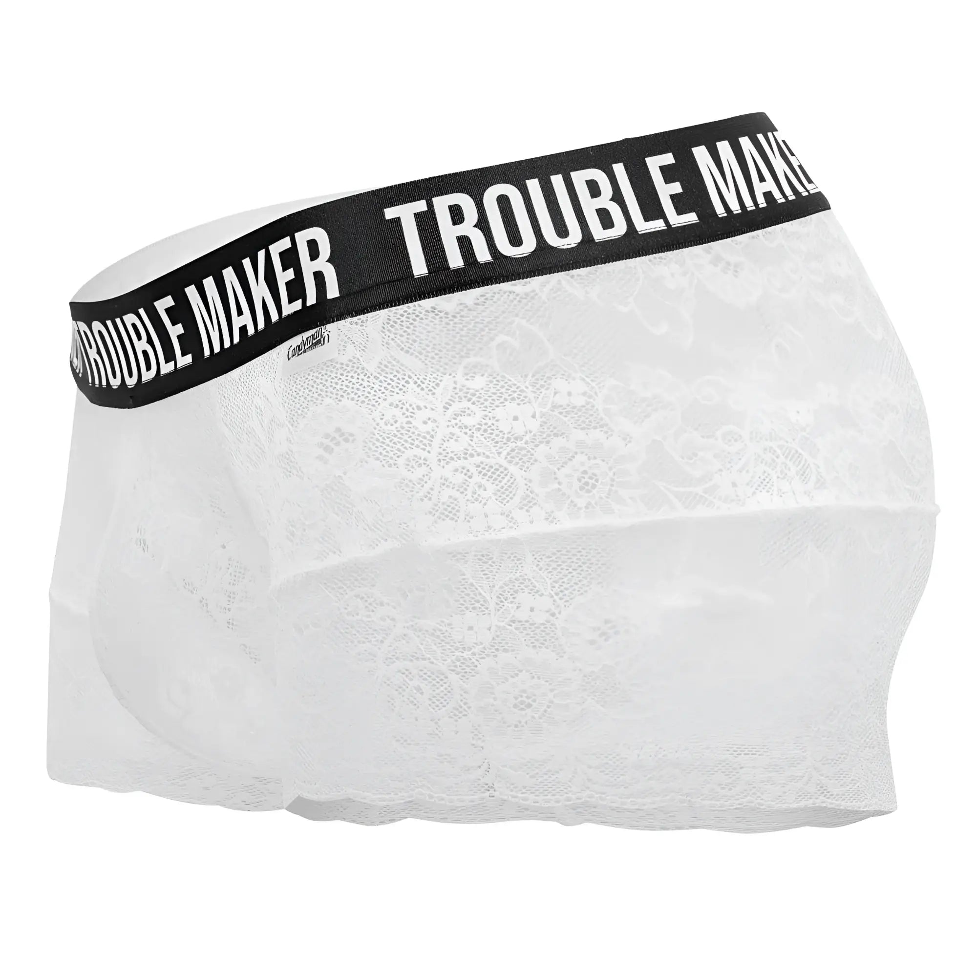 White lace CandyMan 99616X trouble maker trunks with black elastic waistband and white logo lettering