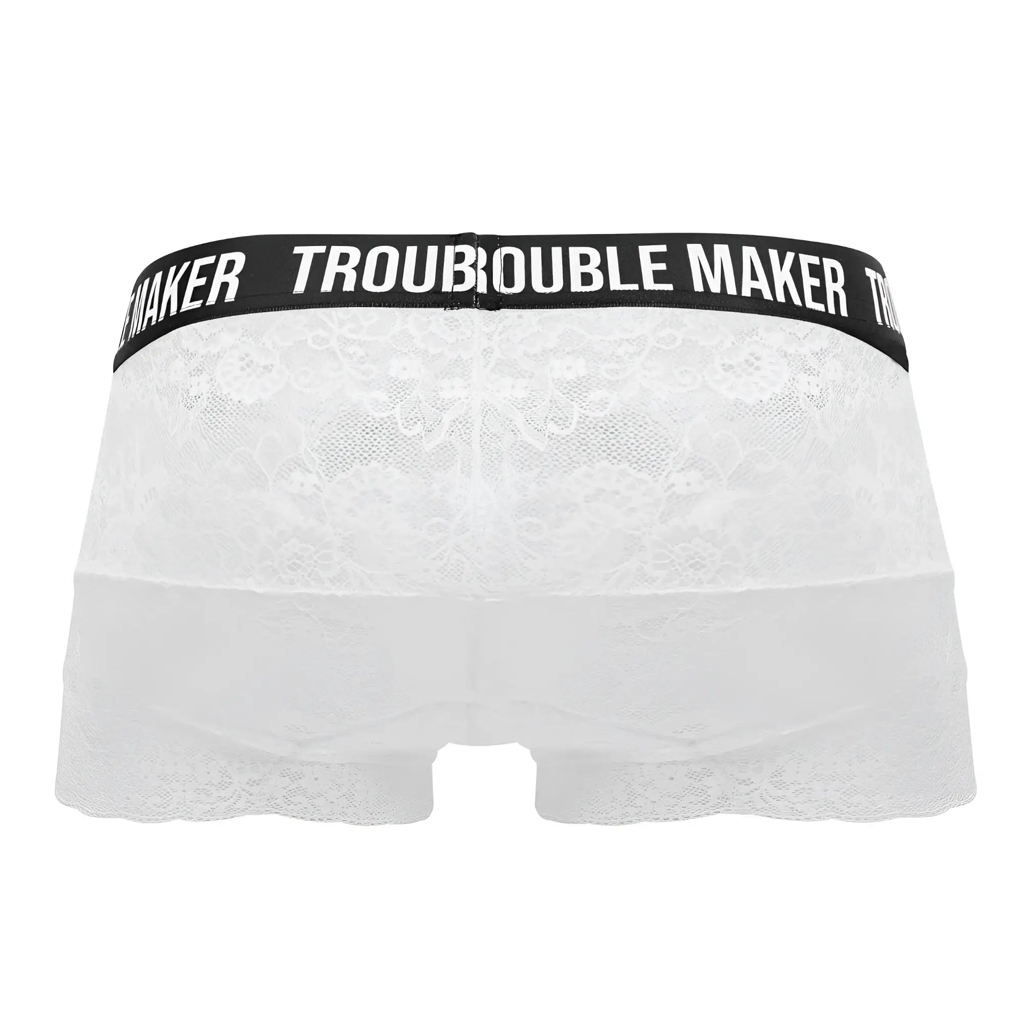 White lace underwear trunks with black waistband featuring troublemaker brand name in white lettering candy man 99616x