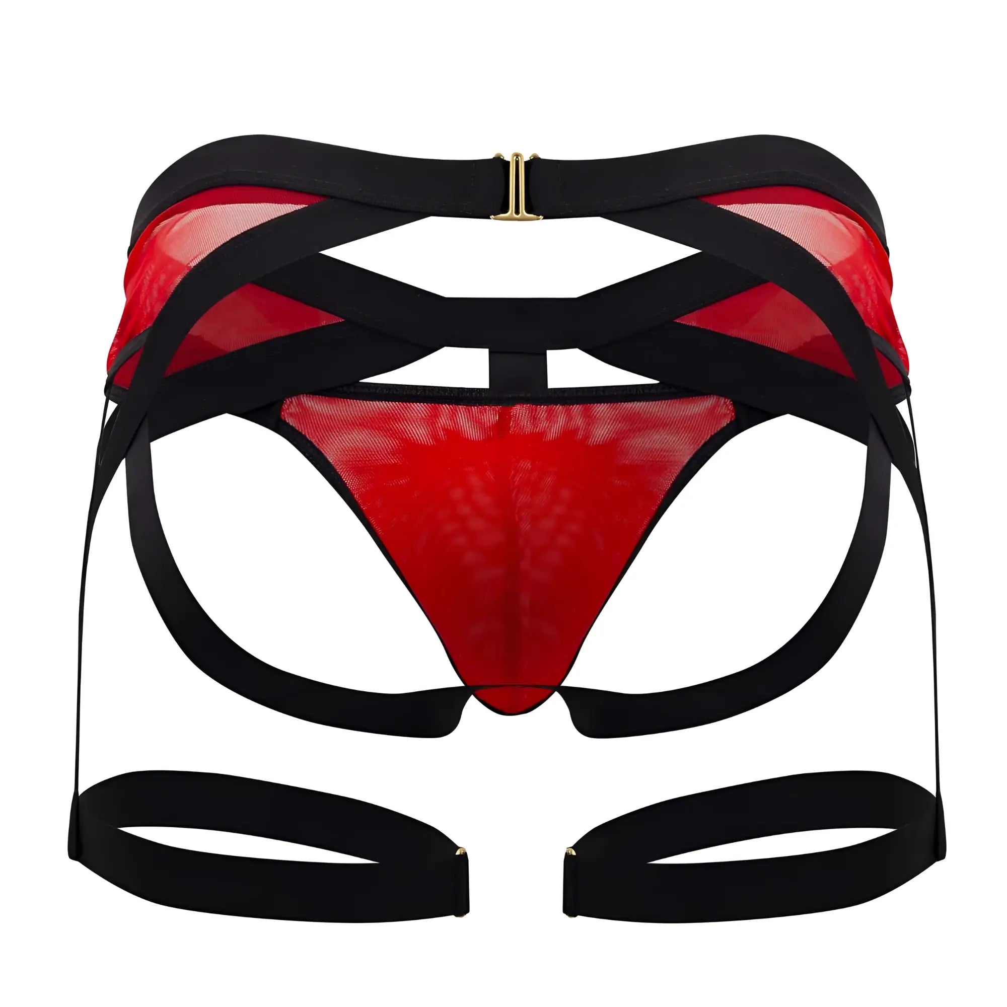 CandyMan 99623 garter jockstrap in red mesh harness-style lingerie with black accents and gold-tone metal clasps