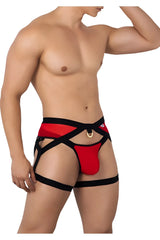 Candyman 99623 garter jockstrap in red features red pouch and black crisscross elastic straps for support