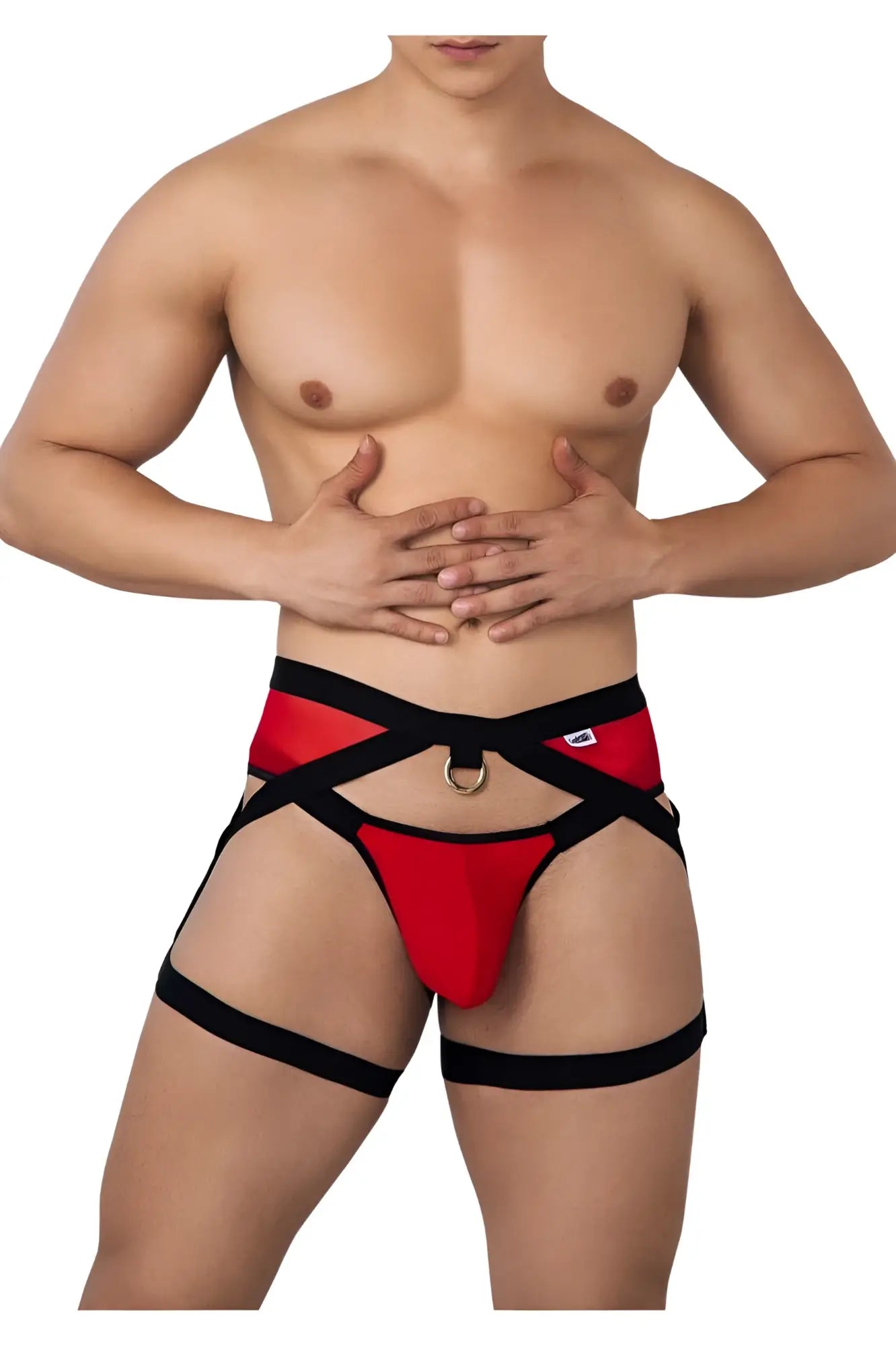 Red and black strappy men’s briefs with a central gold-toned ring candyMan 99623 garter jockstrap in red