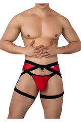 Red and black strappy men’s briefs with a central gold-toned ring candyMan 99623 garter jockstrap in red