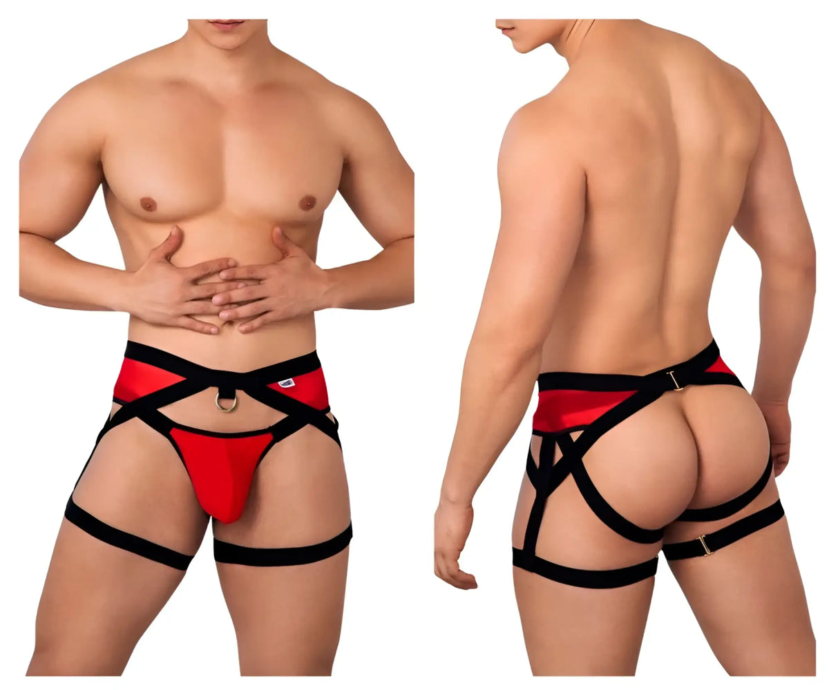 CandyMan 99623 garter jockstrap in red features red and black straps with adjustable metallic hardware and a central pouch