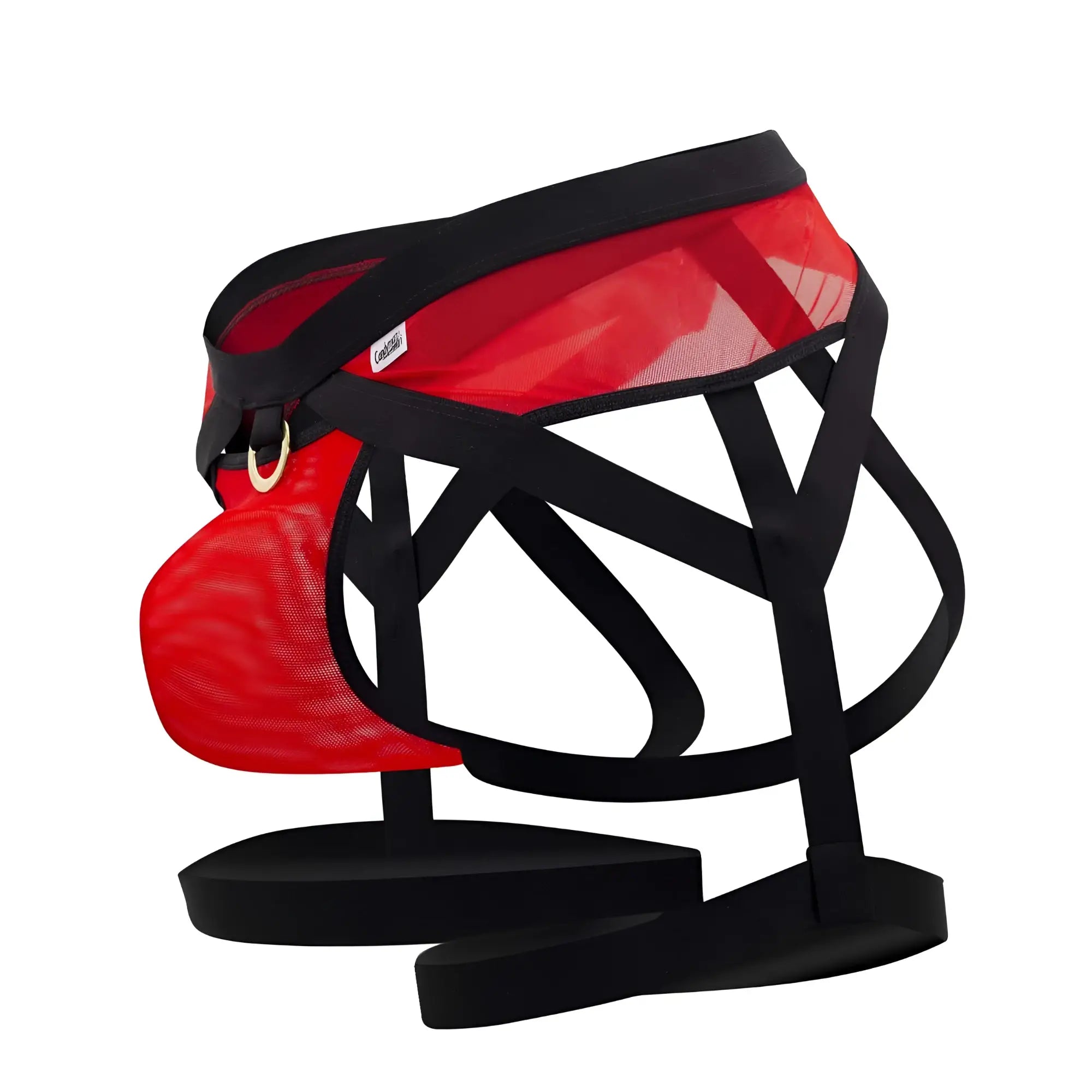 Red mesh candyMan 99623 garter jockstrap with black straps and gold-tone buckle designed for bold support
