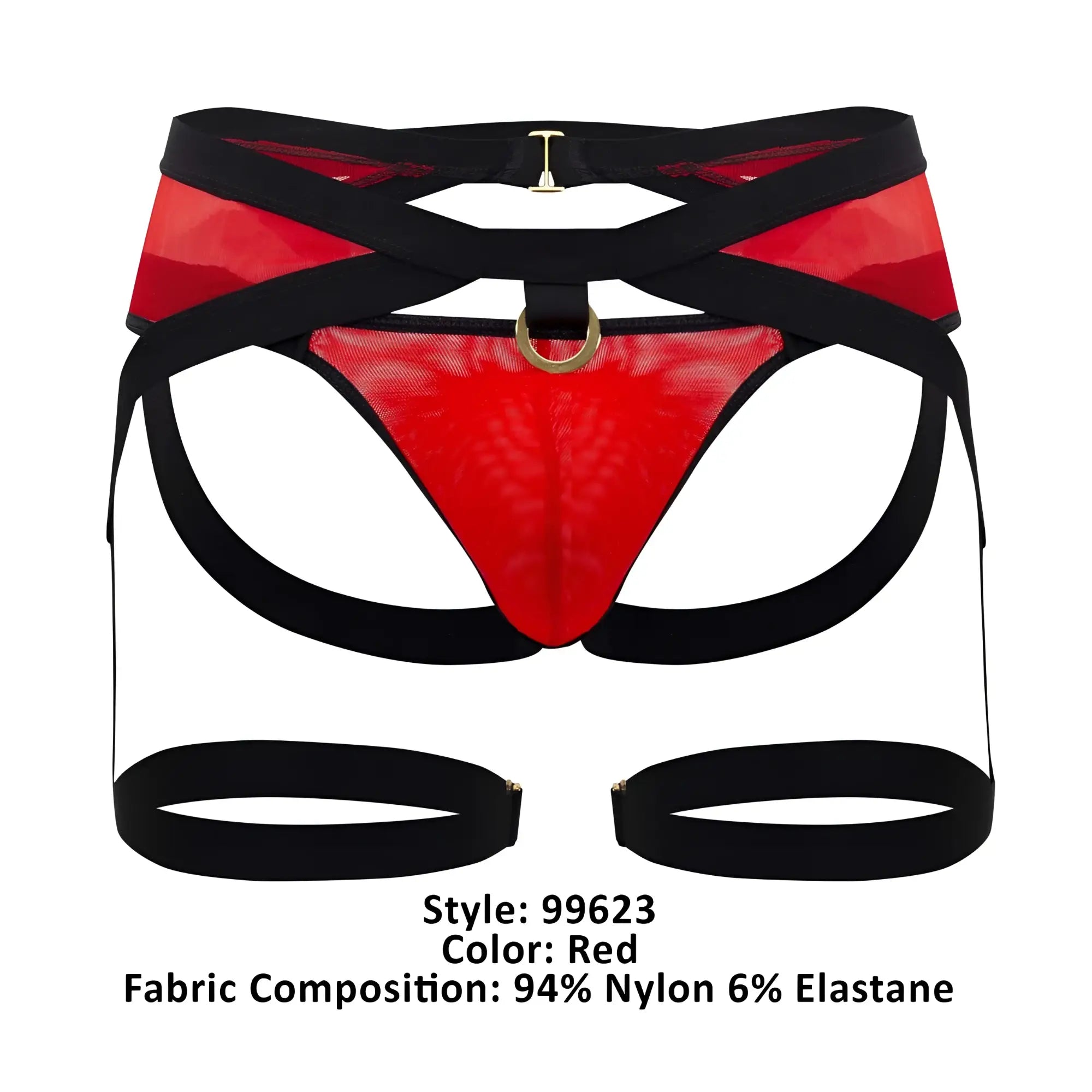 CandyMan 99623 red mesh garter jockstrap with black straps and gold-tone hardware front view undergarment