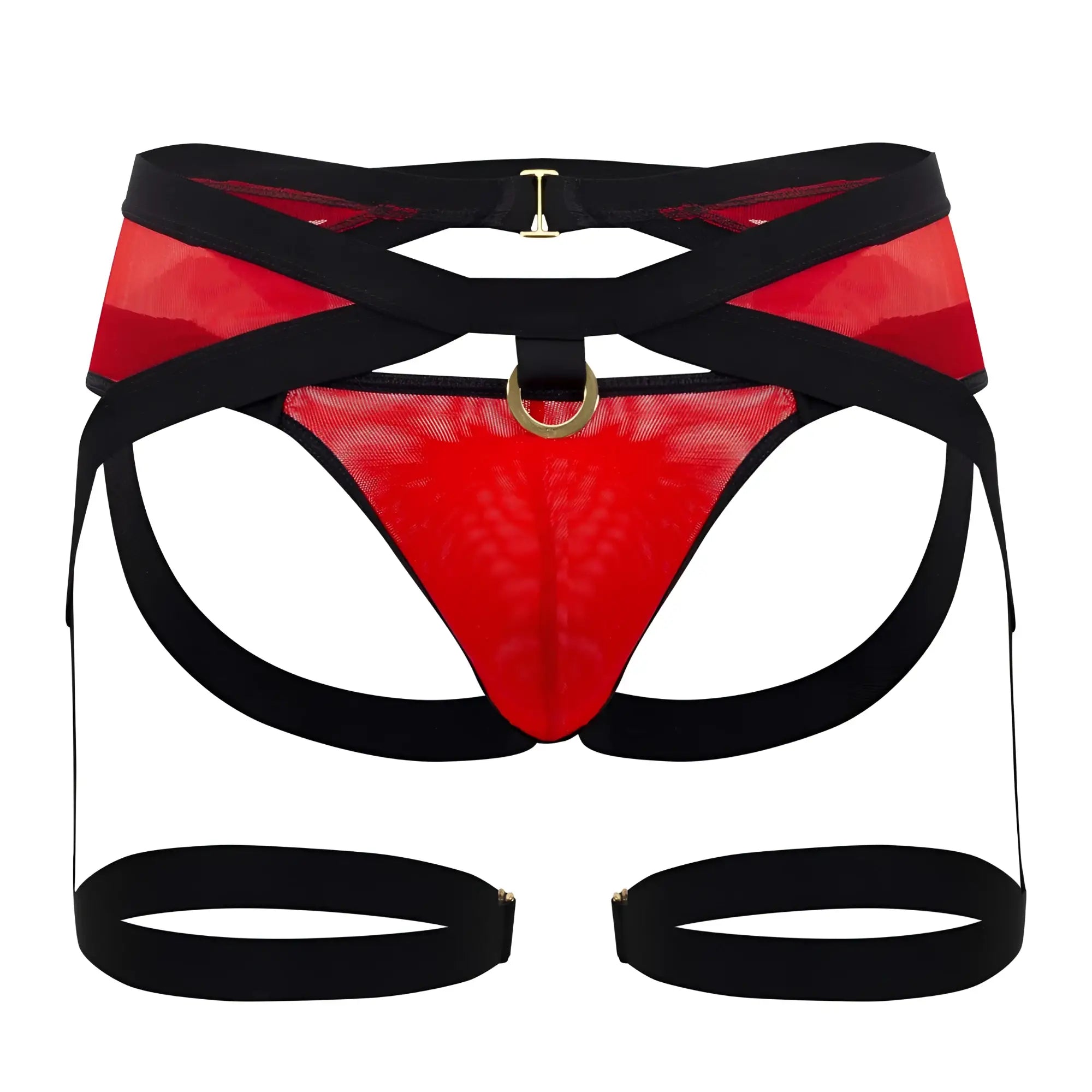 CandyMan 99623 garter jockstrap in red red mesh with black straps and gold-tone hardware detail