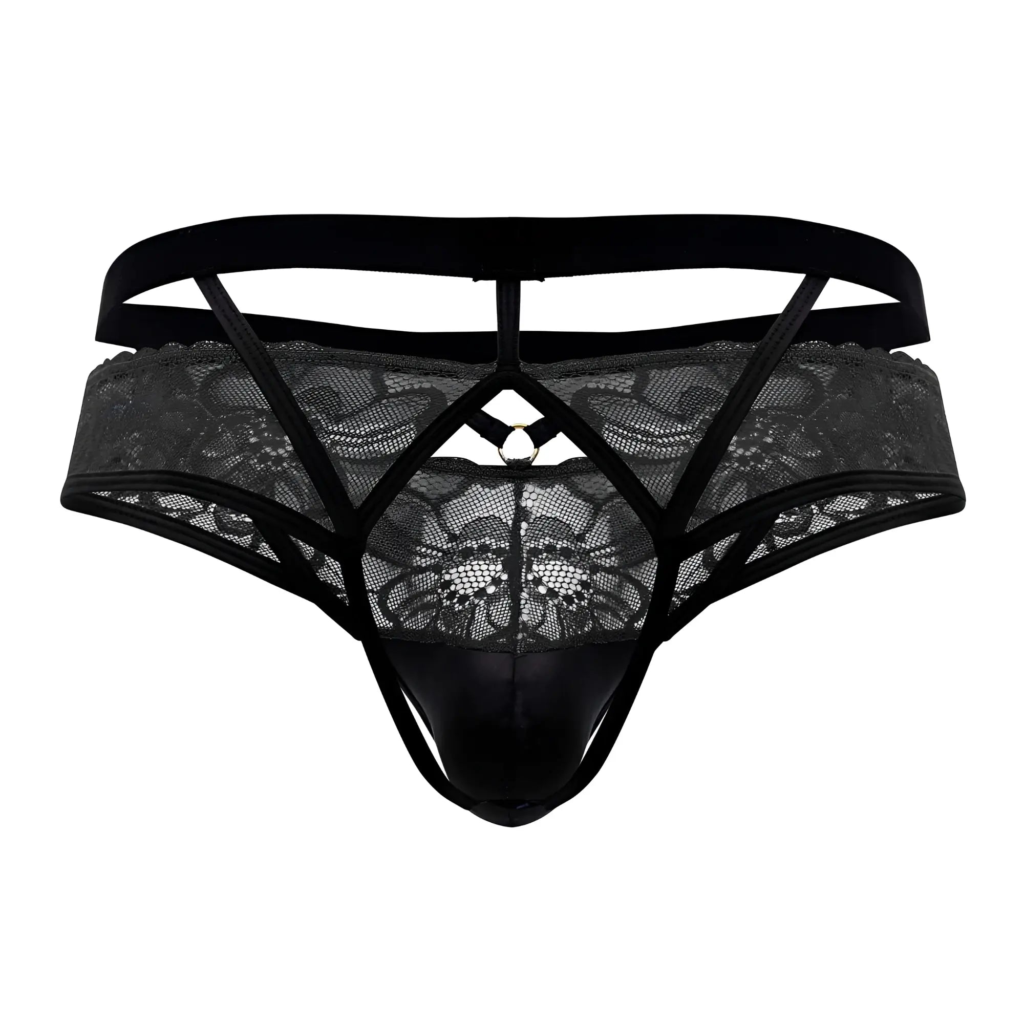 Black lace thong with a glossy black front panel and adjustable straps from candyman 99627 lace jockstrap collection