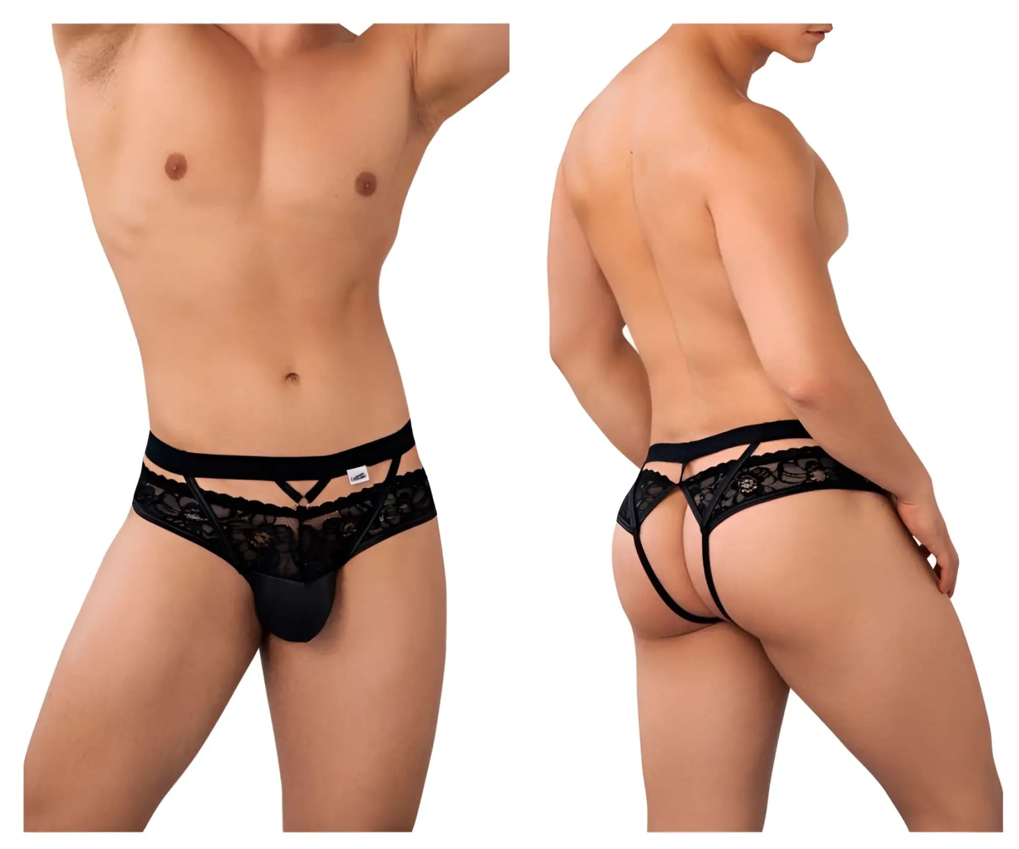CandyMan 99627 black lace jockstrap thong with mesh fabric and crisscross design shown from the back side