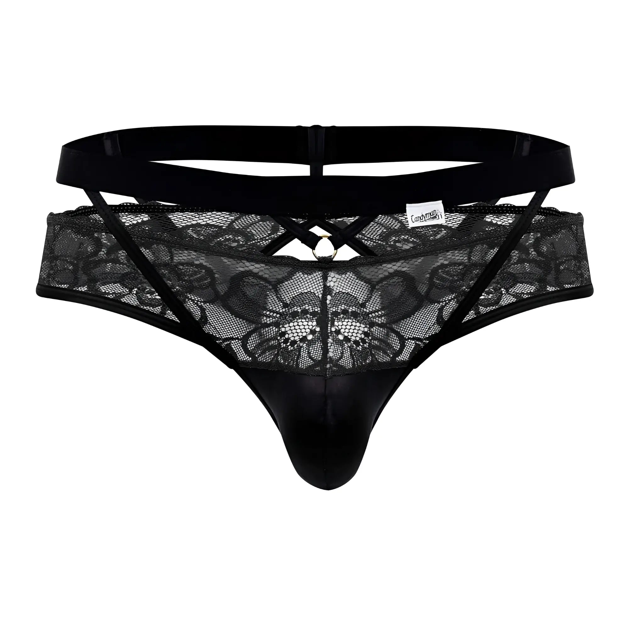 Black lace thong CandyMan 99627 with satin front panel and adjustable elastic waistband in black color
