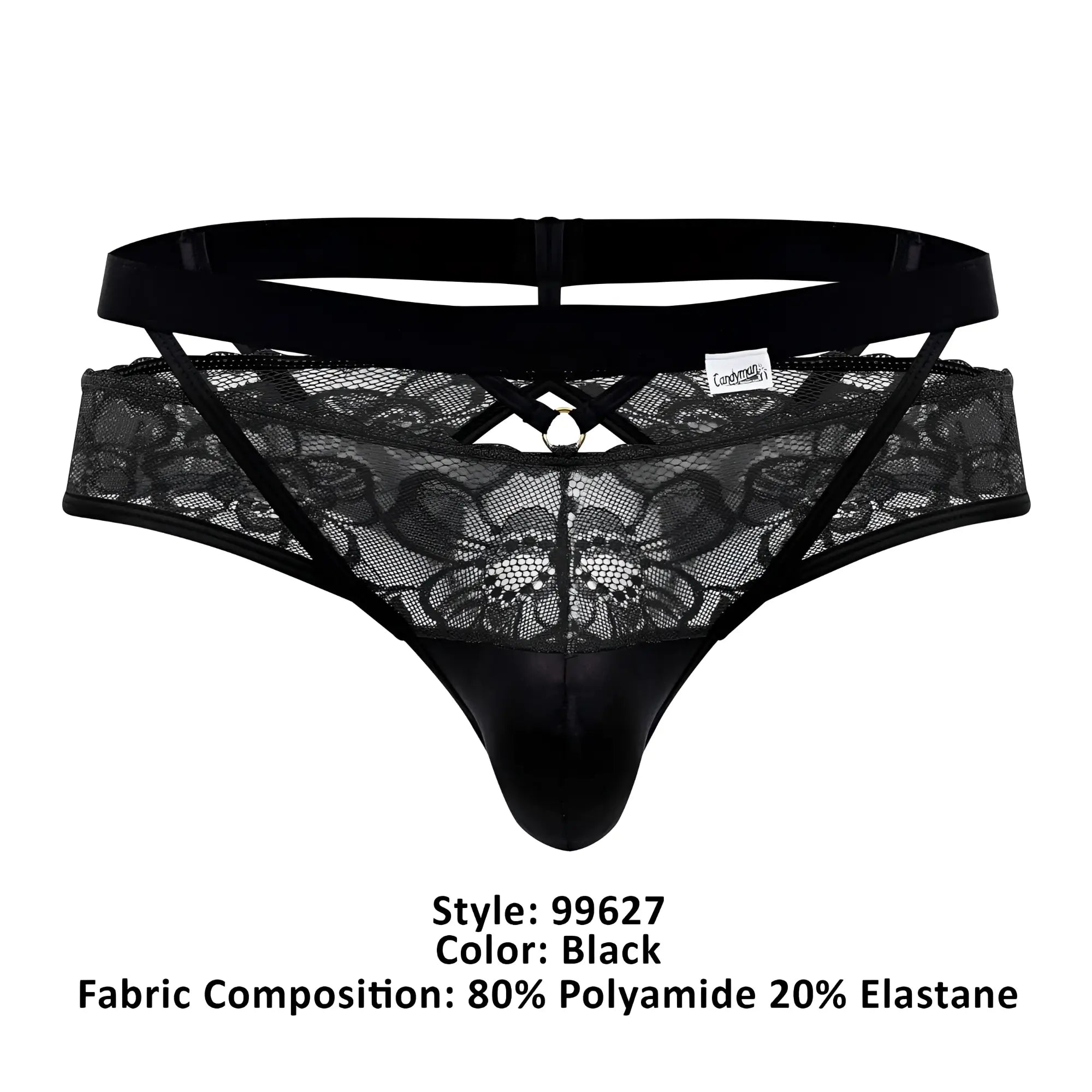 Black candyMan 99627 lace jockstrap thong with satin-like front panel and crisscross detailing