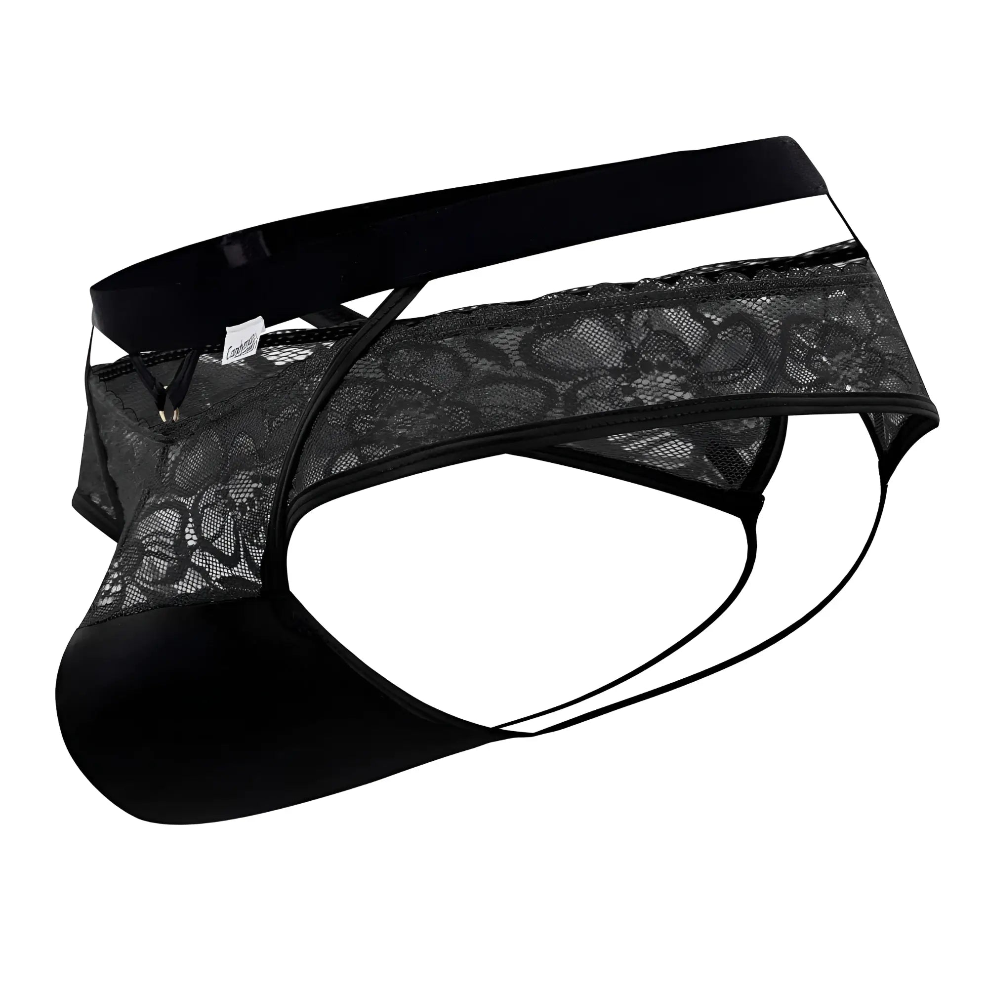Black lace-trimmed mens briefs with solid black waistband and matching thin straps candy man 99627 lace jockstrap