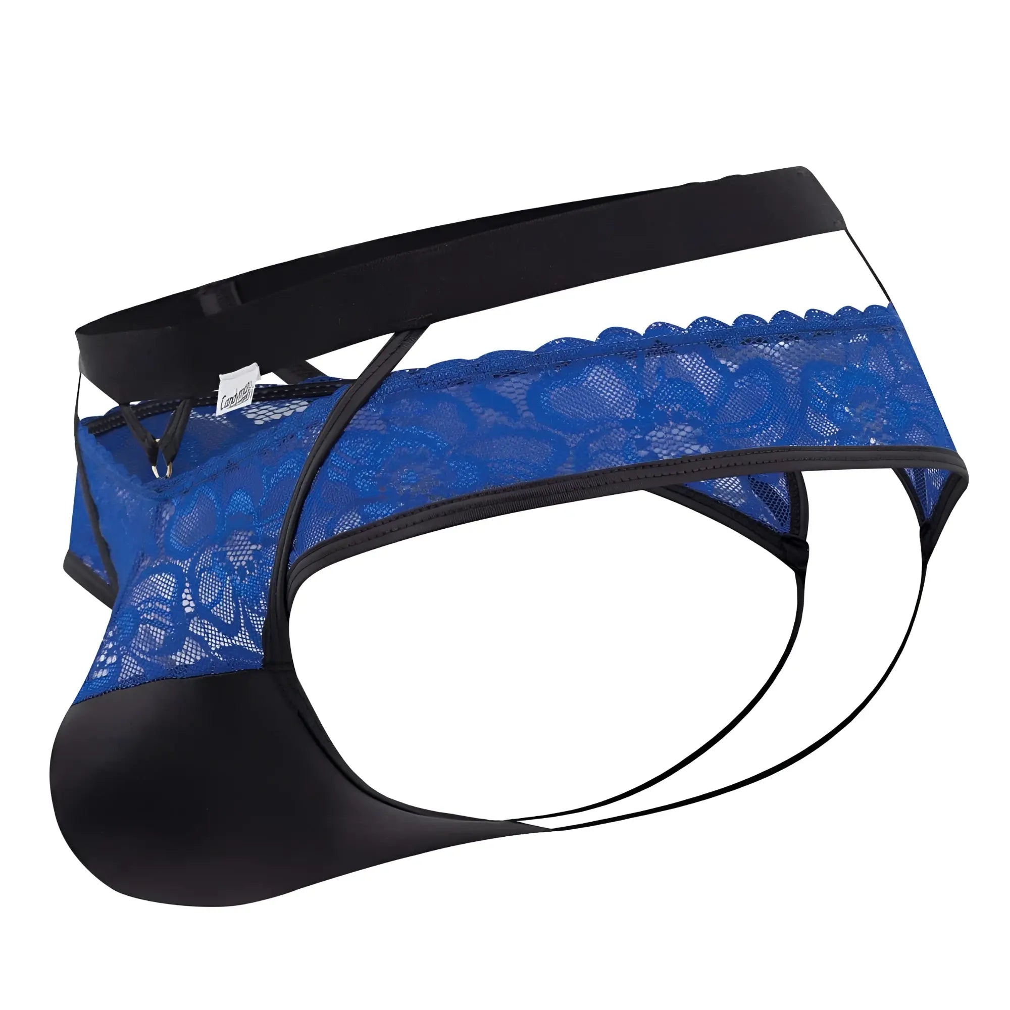 Candyman 99627 blue lace jockstrap with black elastic waistband and leg openings for men