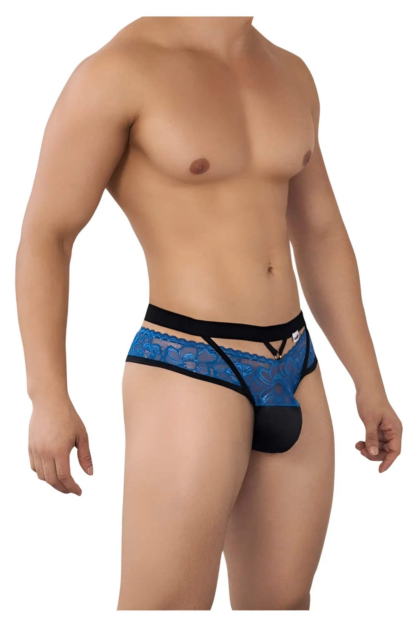 Blue lace CandyMan 99627 lace jockstrap briefs with black elastic waistband and matching black pouch