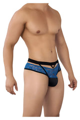 Blue lace CandyMan 99627 lace jockstrap briefs with black elastic waistband and matching black pouch