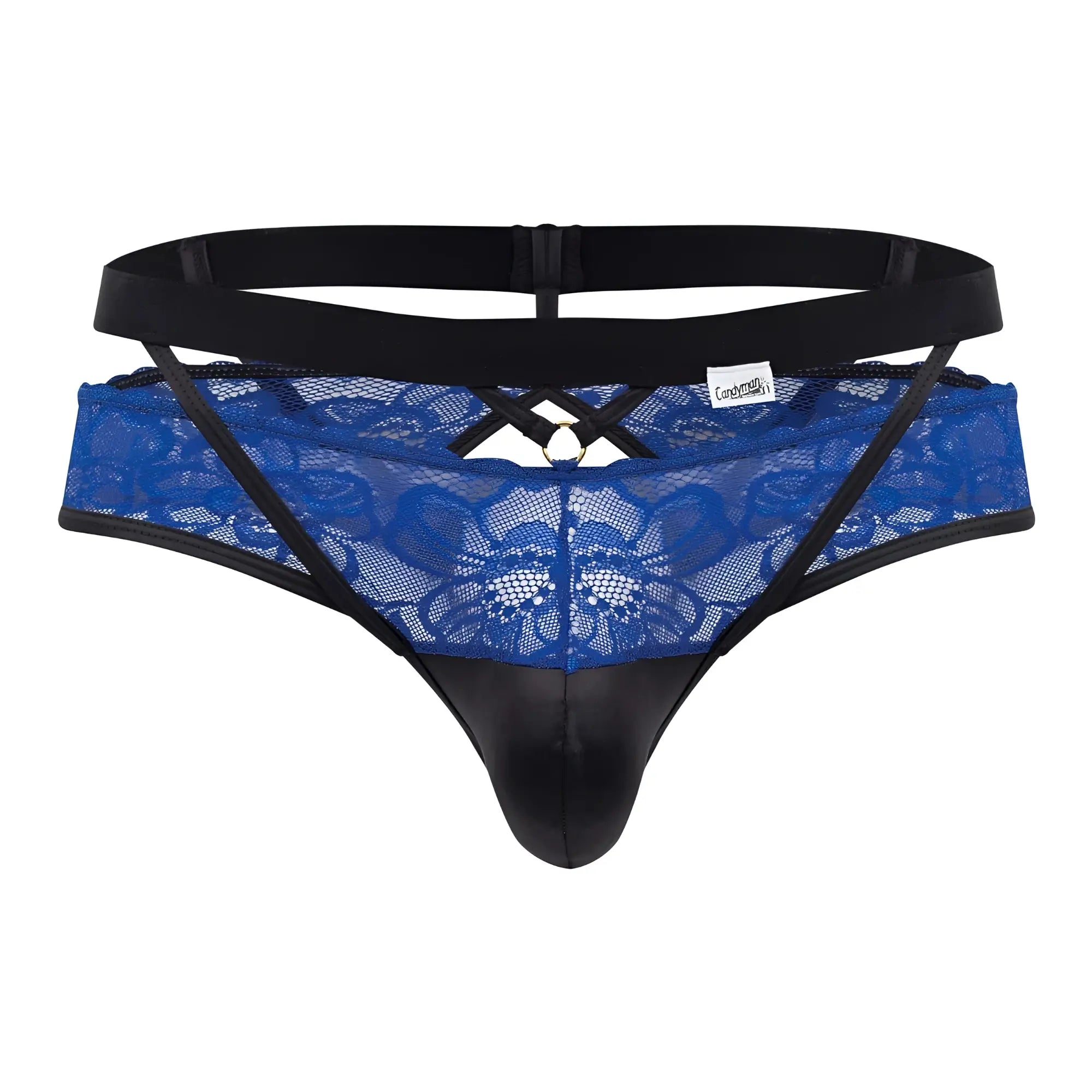 Blue lace thong with black elastic waistband and faux leather front panel from candyman 99627 lace jockstrap collection