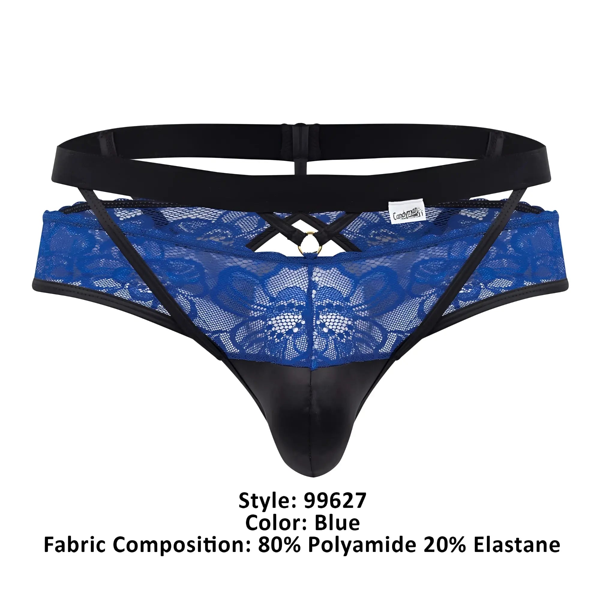 Blue candyMan lace jockstrap with black elastic waistband side straps and central metal ring detail