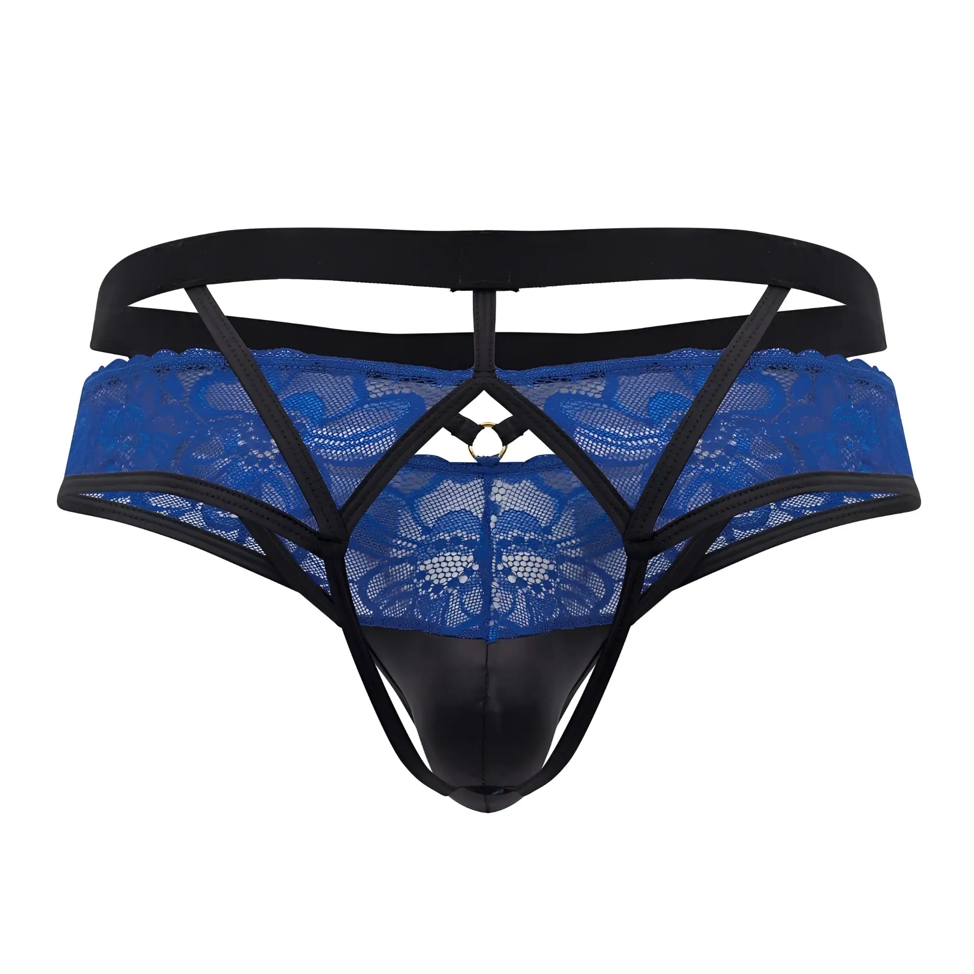 Blue lace thong jockstrap with black elastic straps and glossy black front panel by Candyman 99627 Lace Color Blue