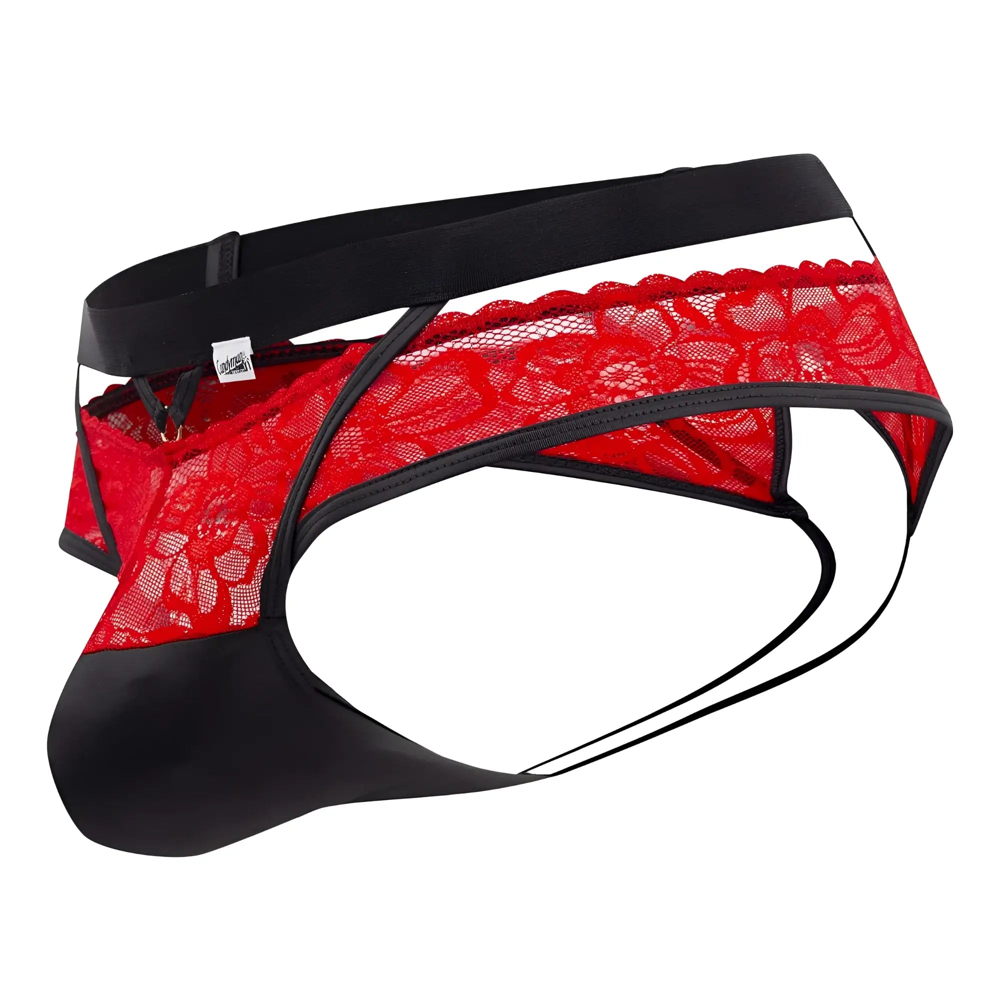 Red and black lace thong with a satin-like finish from candyman 99627 lace jockstrap collection