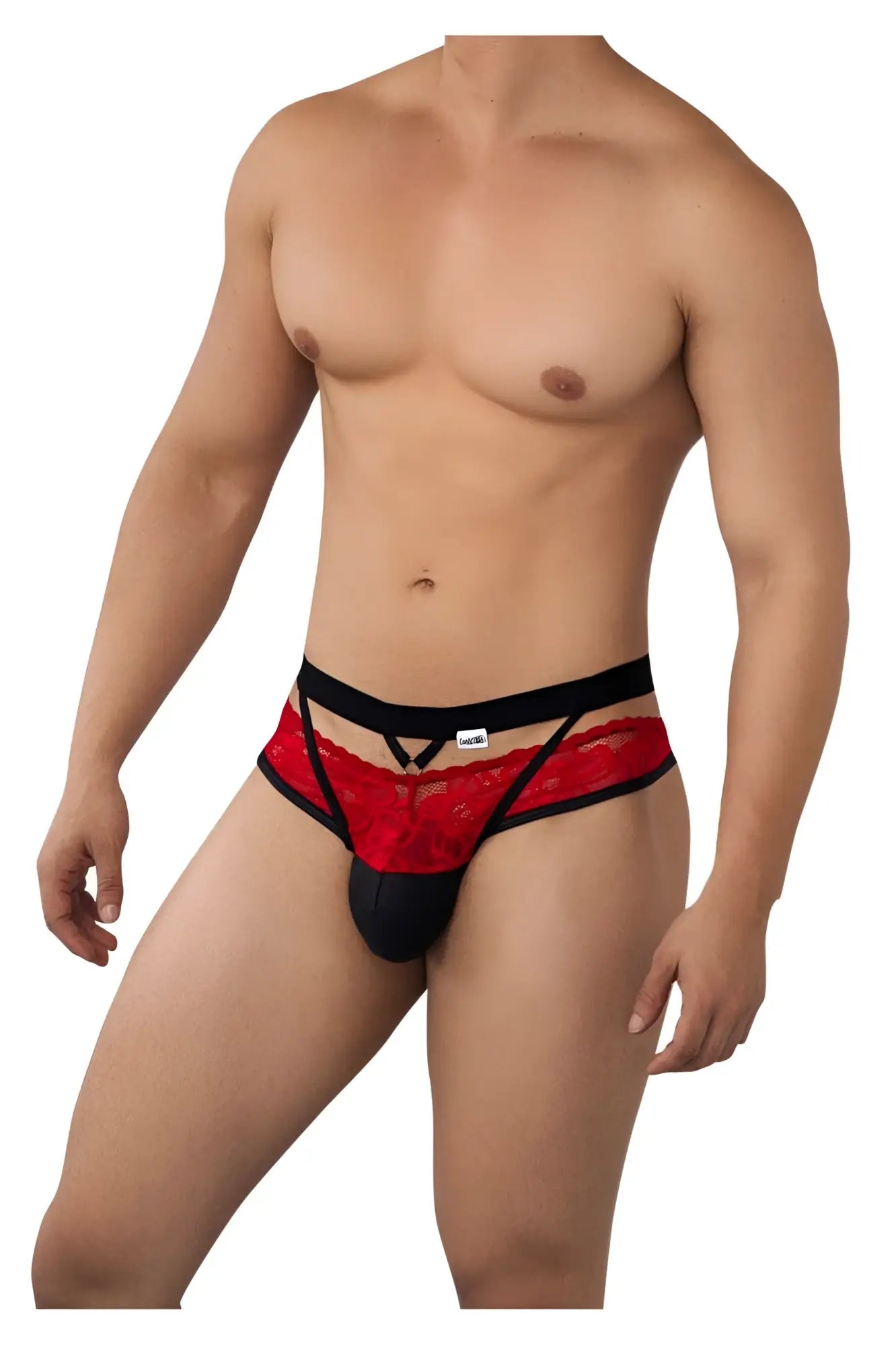 Red lace thong with black elastic trim and solid black pouch candy man 99627 lace jockstrap color red