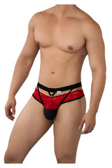 Red lace thong with black elastic trim and solid black pouch candy man 99627 lace jockstrap color red