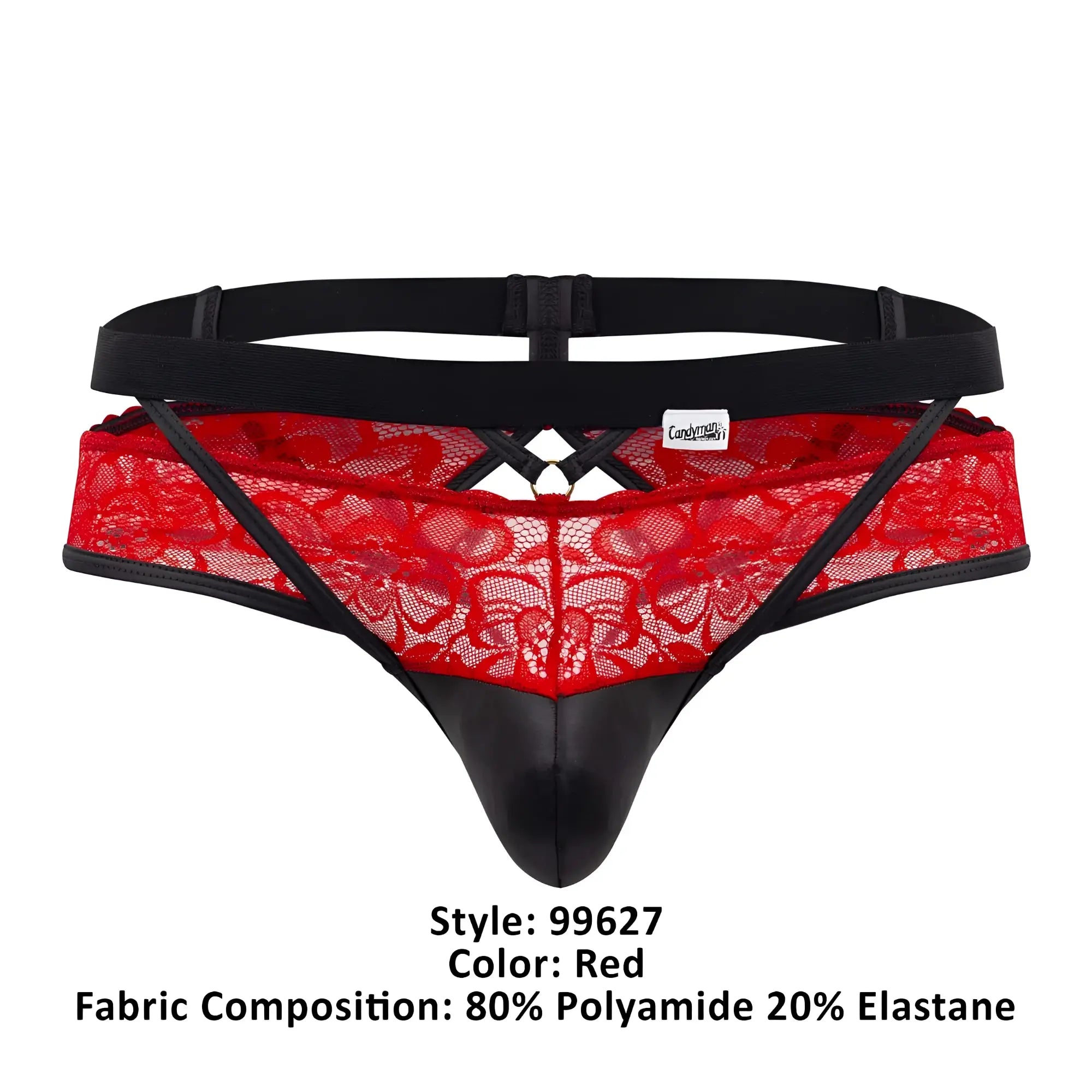 Red lace thong candy man 99627 with black elastic waistband and faux leather front panel
