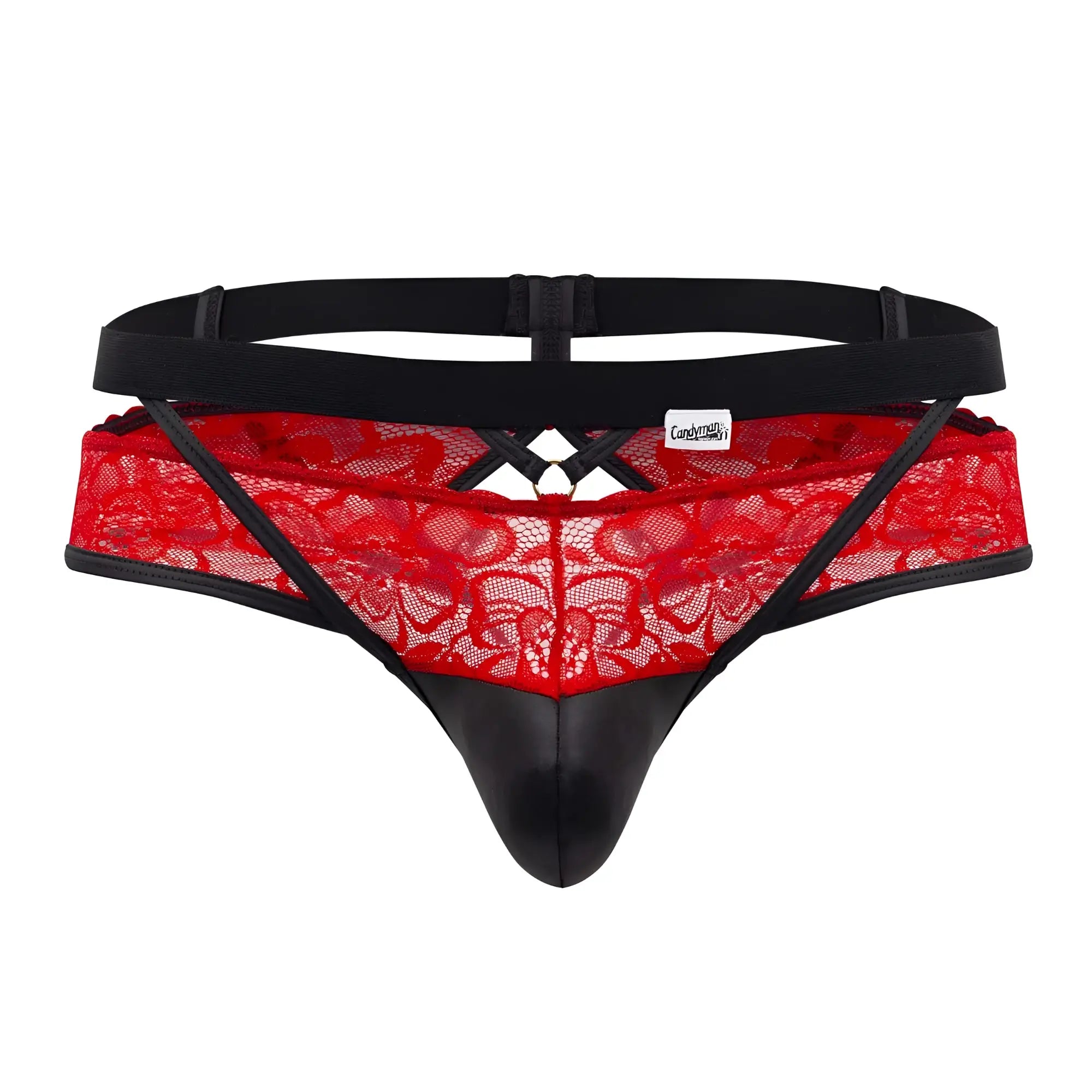 Red lace jockstrap with black leather trim and adjustable elastic waistband candyMan 99627 lace jockstrap red