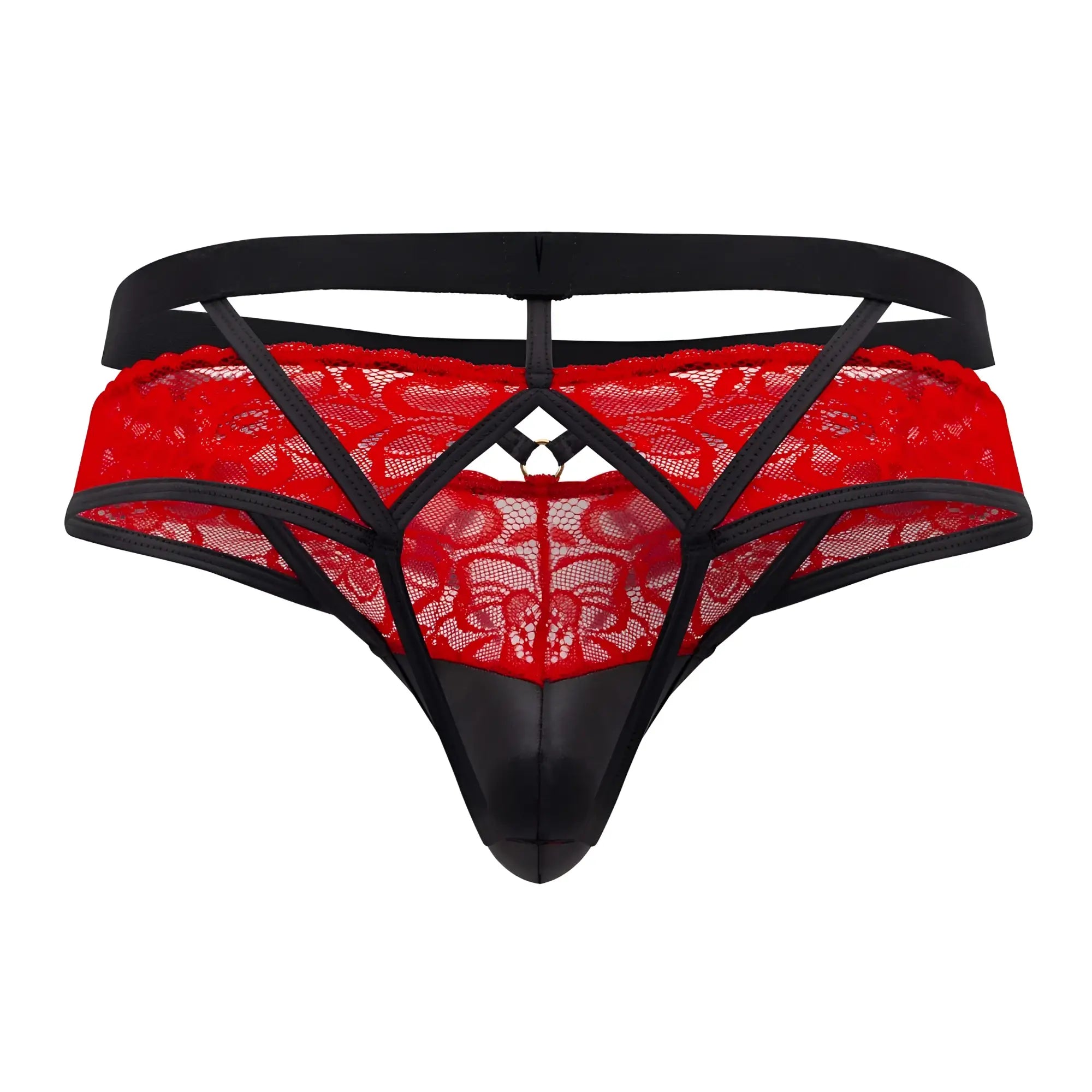 CandyMan 99627 lace jockstrap in red with black straps and glossy black front panel for bold lingerie look