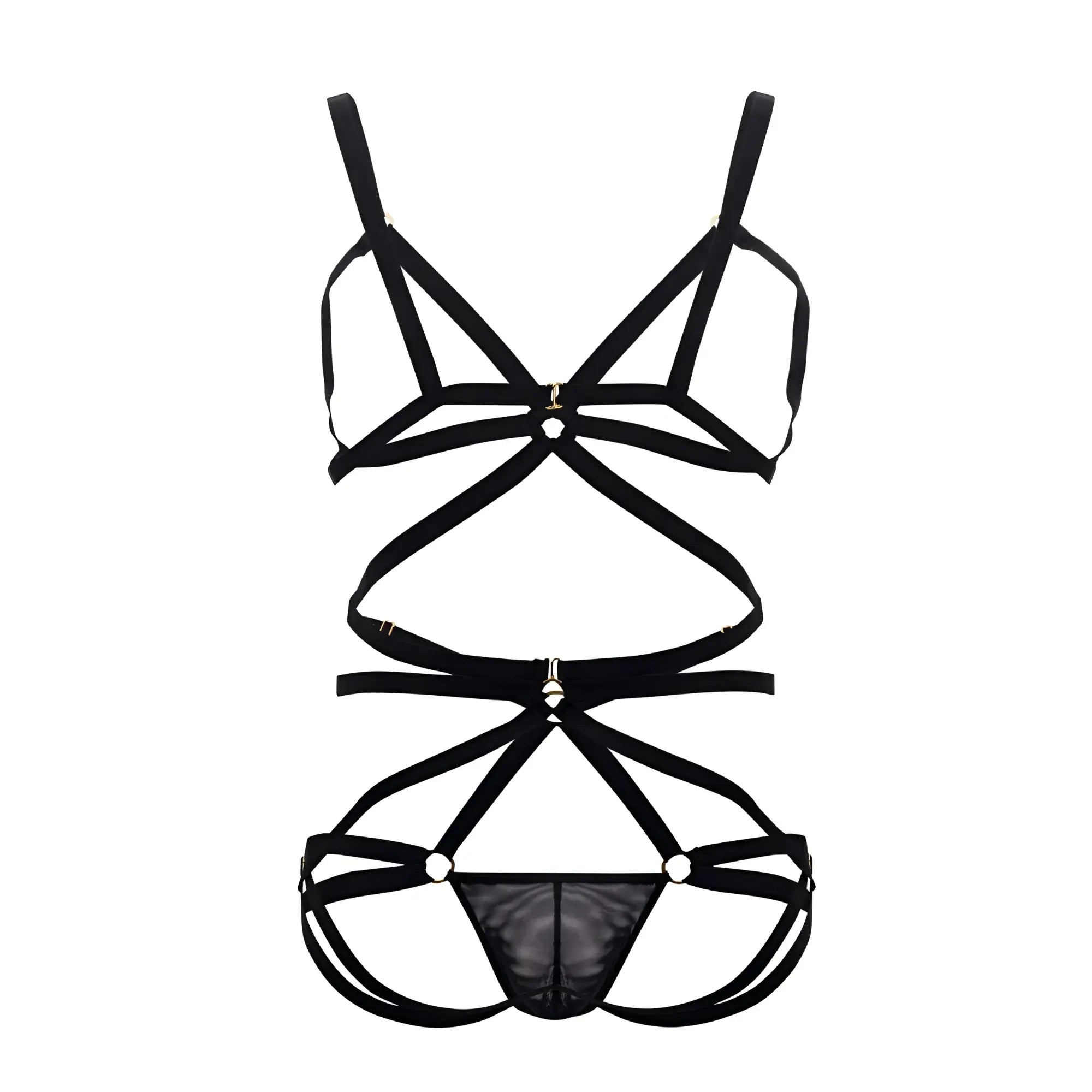Black strappy lace-up CandyMan 99635 harness two piece lingerie set with sheer mesh panel