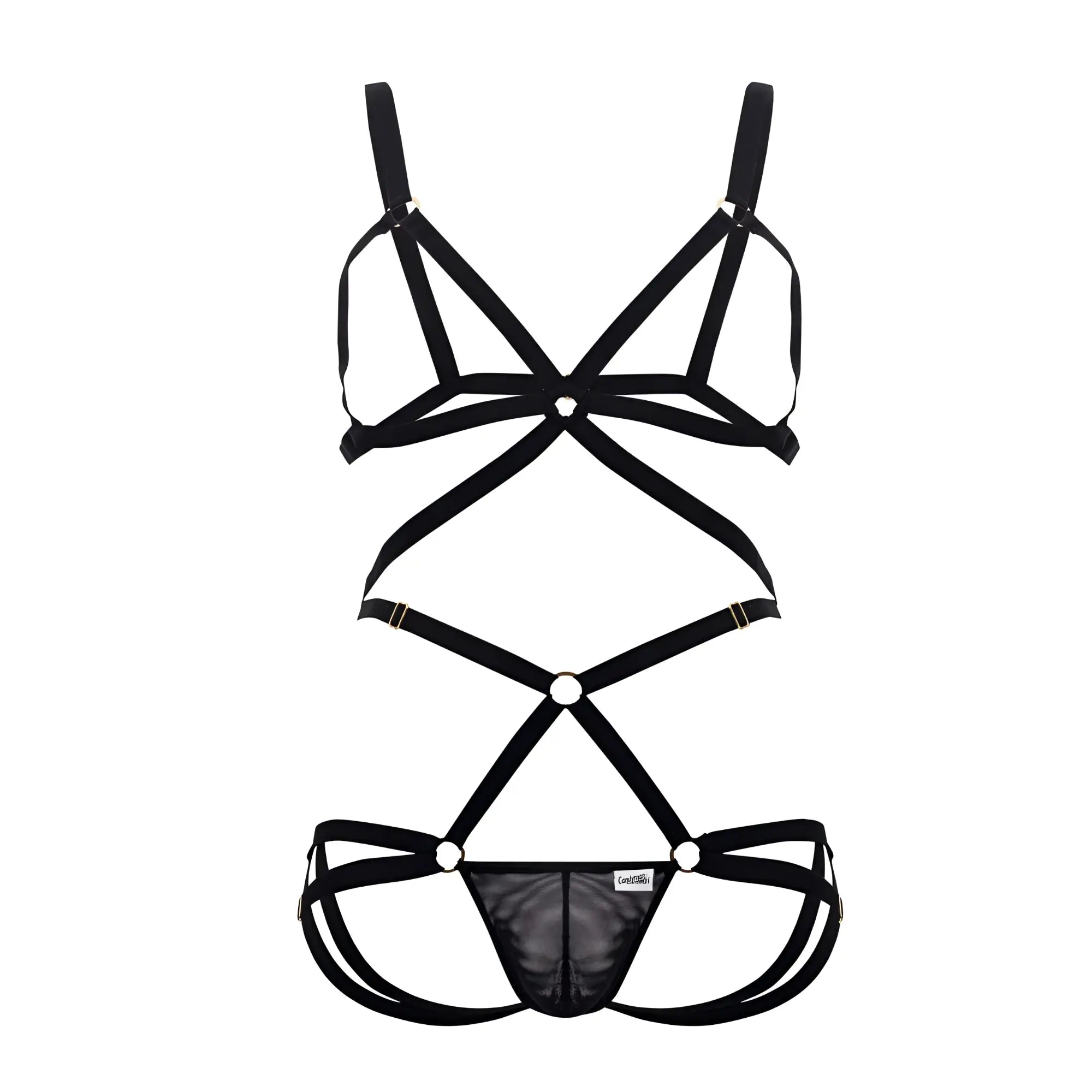 Black candyMan 99635 harness two piece set featuring strappy crisscross design and mesh panel lingerie