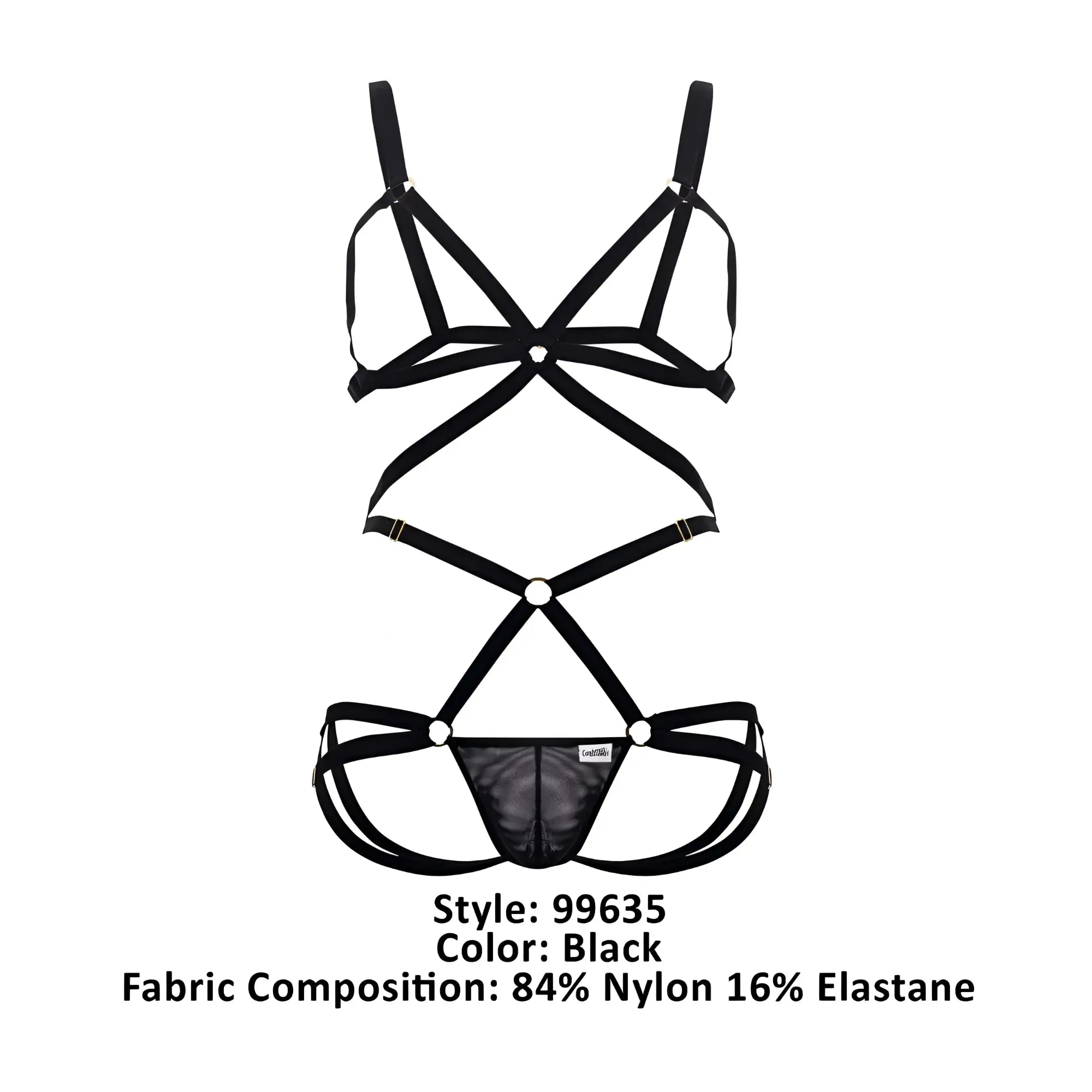 Black strappy lingerie set with crisscross design and mesh panel candyMan 99635 harness two piece set in black